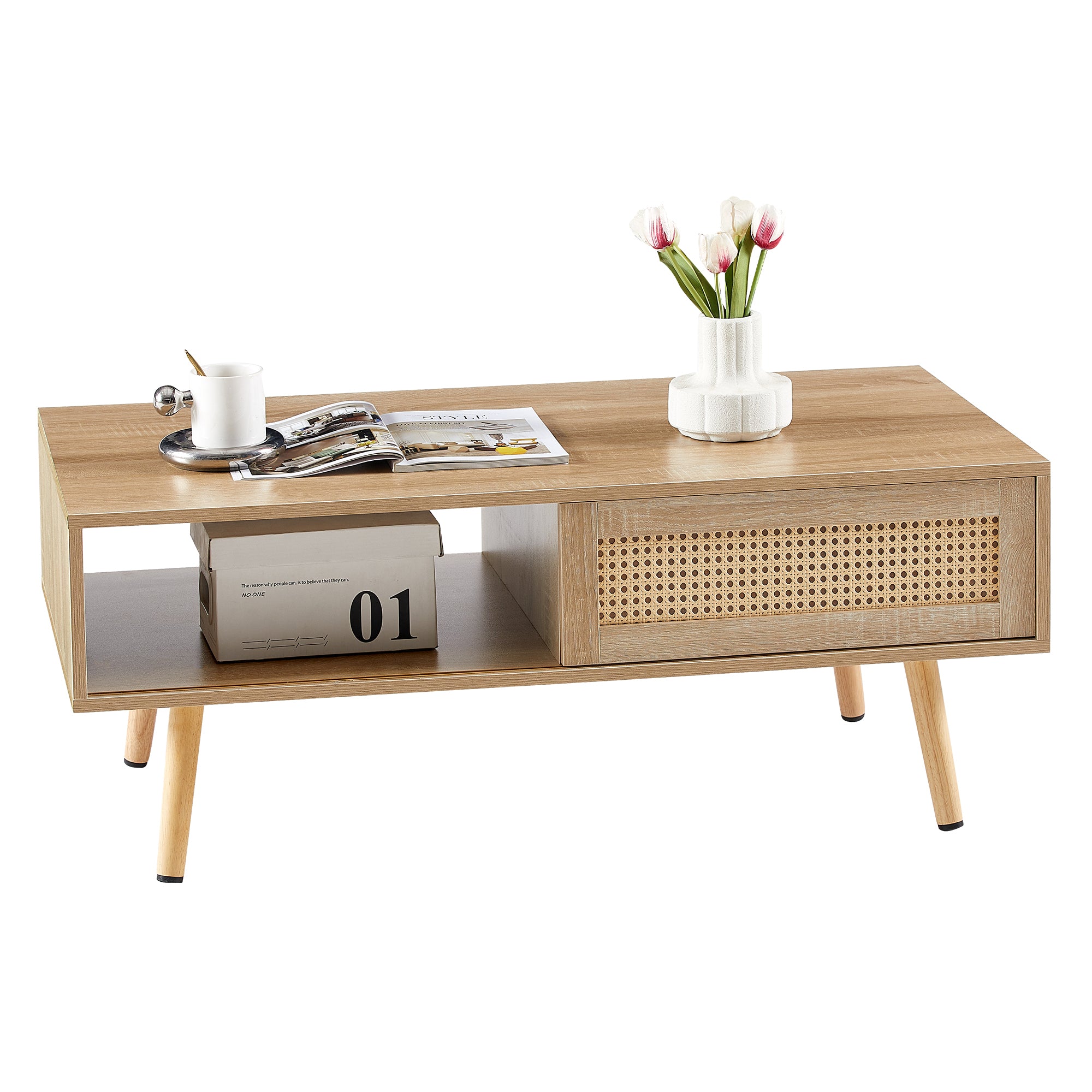HAOYYE 41.34" Rattan Coffee table, sliding door for storage, solid wood legs, Modern table for living room , natural Sturdy Space-Saving Heavy Duty Modern Design Easy Assembly Durable Stylish Home Furniture
