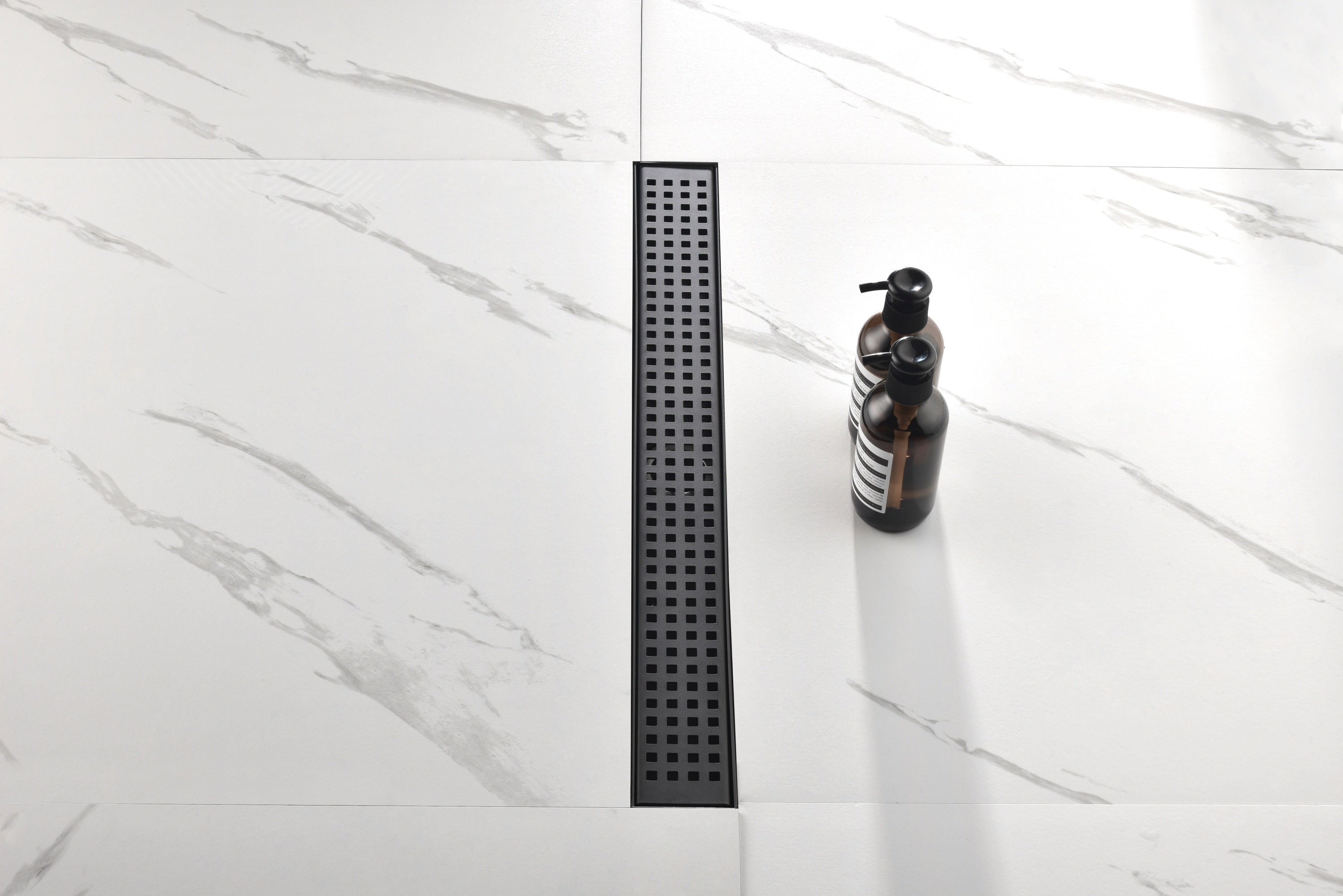 HAOYYE Linear Shower Drain with Removable Quadrato Pattern Grate, 304 Stainless Shower Drain Included Hair Strainer and Leveling Feet Sturdy Space-Saving Heavy Duty Modern Design Adults Dorm Room