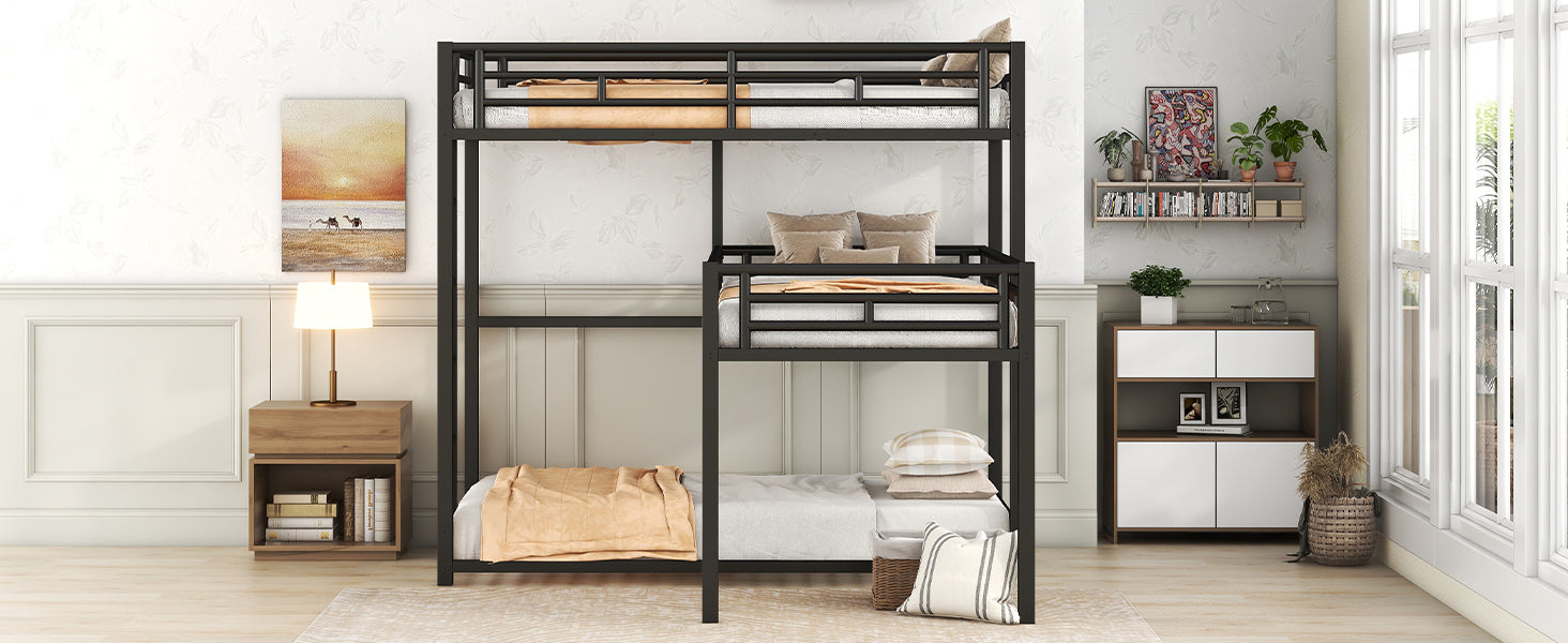 HAOYYE L-shaped Metal Triple Twin Size Bunk Bed, Black(OLD SKU:SM000605AAB) Sturdy Space-Saving Heavy Duty Modern Design Easy Assembly Durable Stylish Home Furniture Versatile