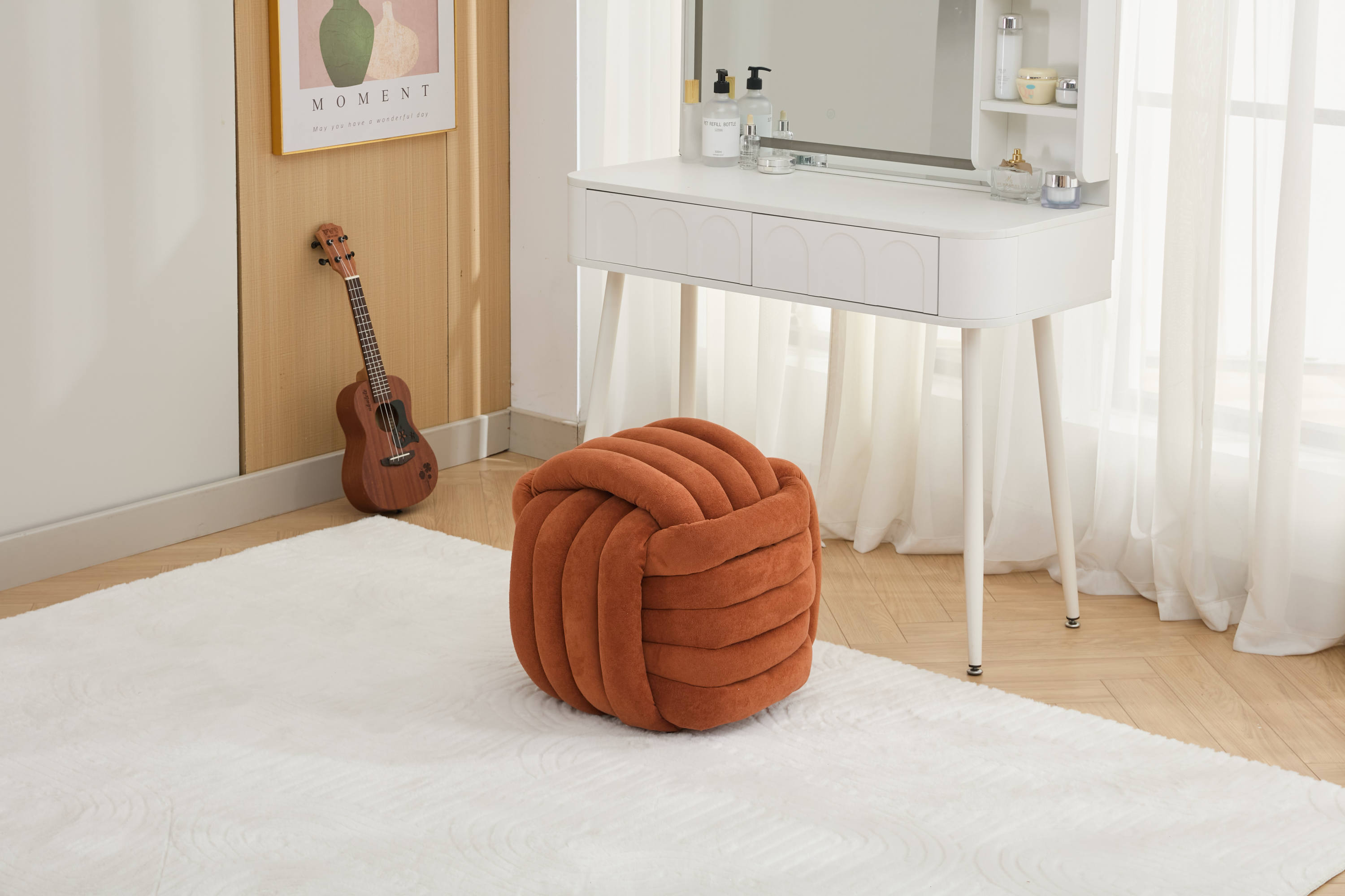 Haoyye Modern Chenille Fabric Knot Design Ottoman Makeup Stool Footstool, Comfortable and Stylish Seat, Perfect for Living Room and Bedroom, Space-Saving Heavy Duty Construction, Durable Furniture for Adults Dorm Room