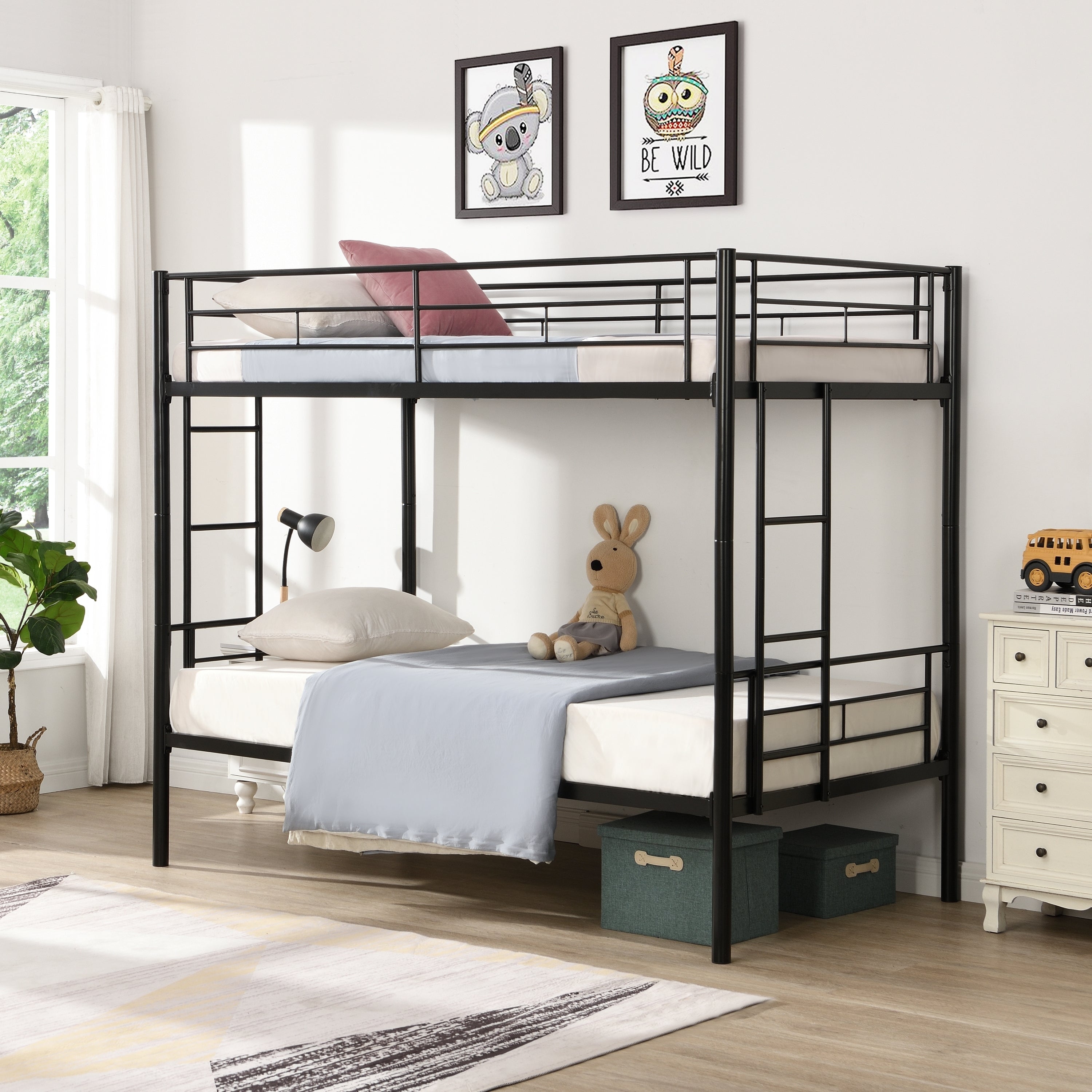 HAOYYE Bunk Bed Twin Over Twin Size with 2 Ladders and Full-Length Guardrail, Metal, Storage Space, No Box Spring Needed, Noise Free, Black Sturdy Space-Saving Heavy Duty Modern Design Easy Assembly Durable