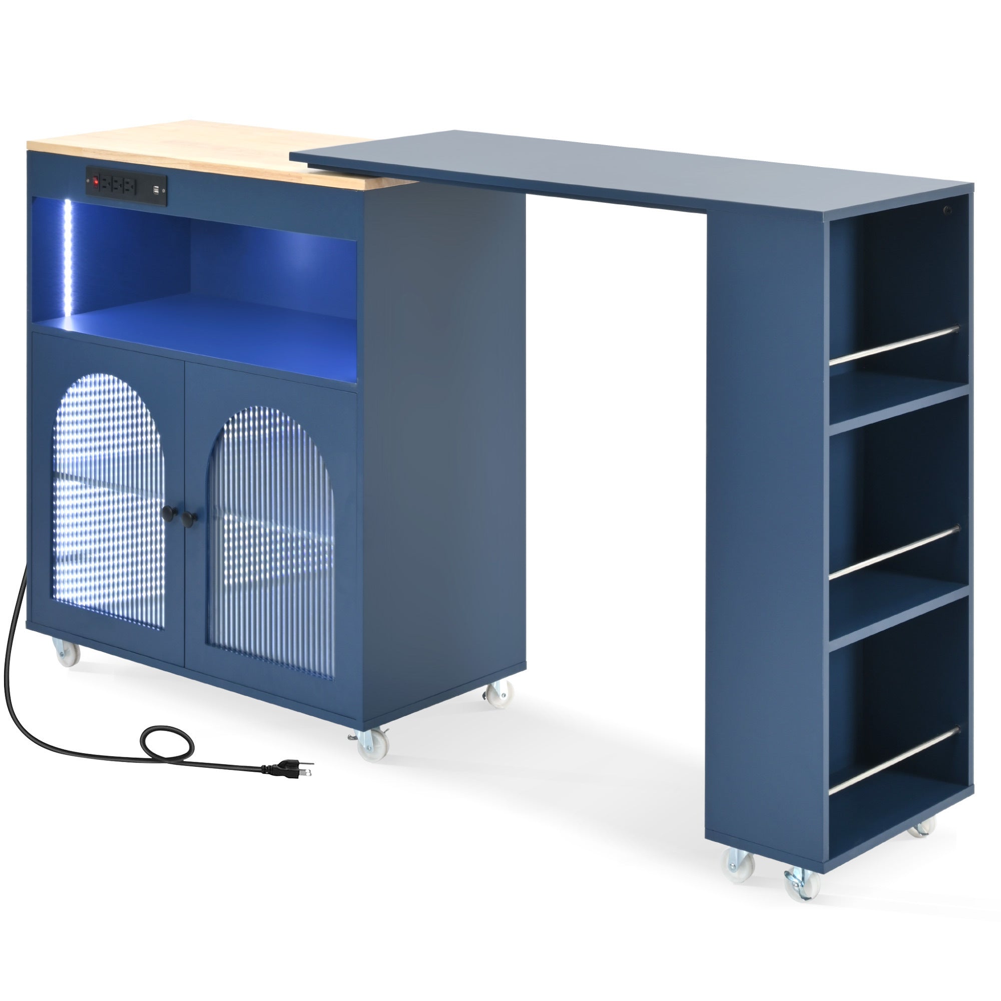 HAOYYE Navy Rolling Kitchen Island With Extended Table, LED Lights, Power Outlets, Fluted Glass Doors, Storage Compartment, and Open Shelves, Sturdy Space-Saving Design, Easy Assembly