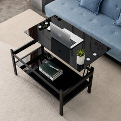 HAOYYE Glass Lift Top Coffee Table, Modern Simple 2-Layer Tempered Glass Coffee Table for Living Room, Black Sturdy Space-Saving Heavy Duty Modern Design Adults Dorm Room Easy Assembly Bedroom Furniture