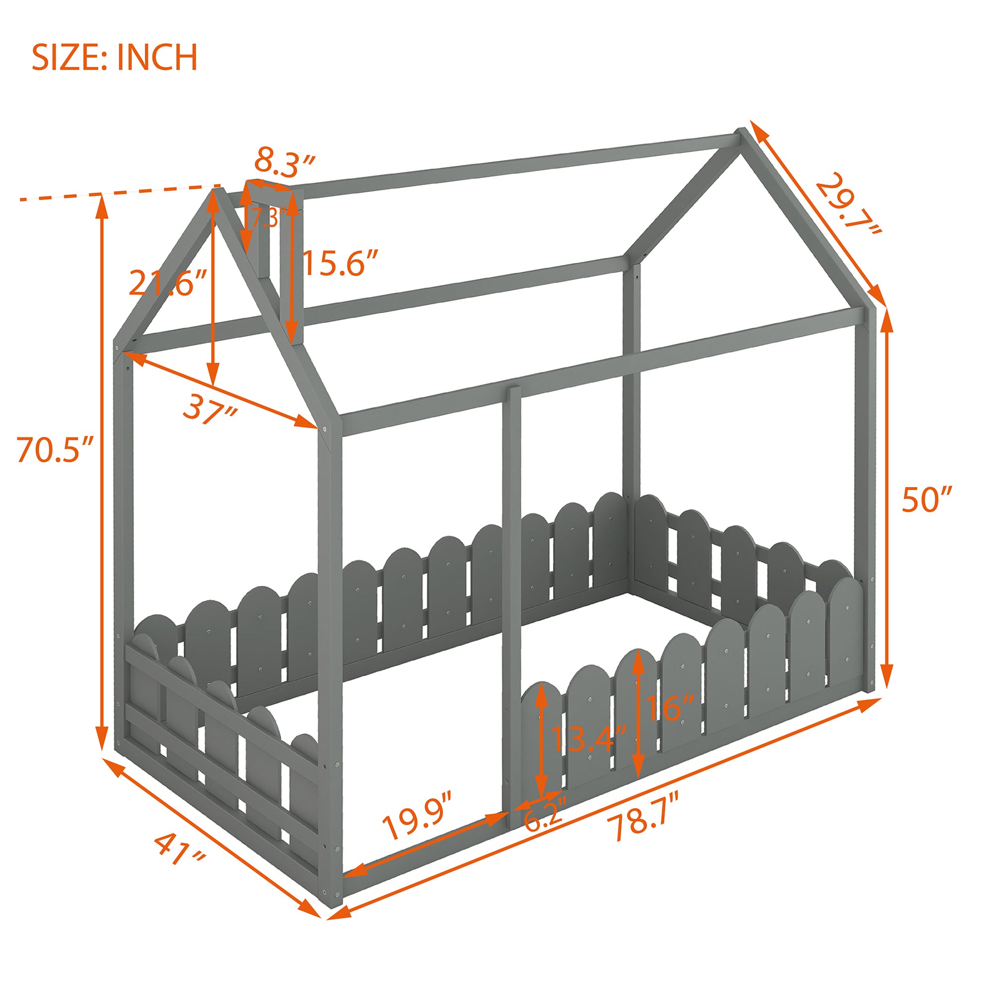 HAOYYE Twin Size Wood Bed House Bed Frame with Fence,for ,Teens, Girls,Boys {Gray}{OLD SKU:WF194274AAE} Sturdy Space-Saving Heavy Duty Modern Design Adults Dorm Room Easy Assembly