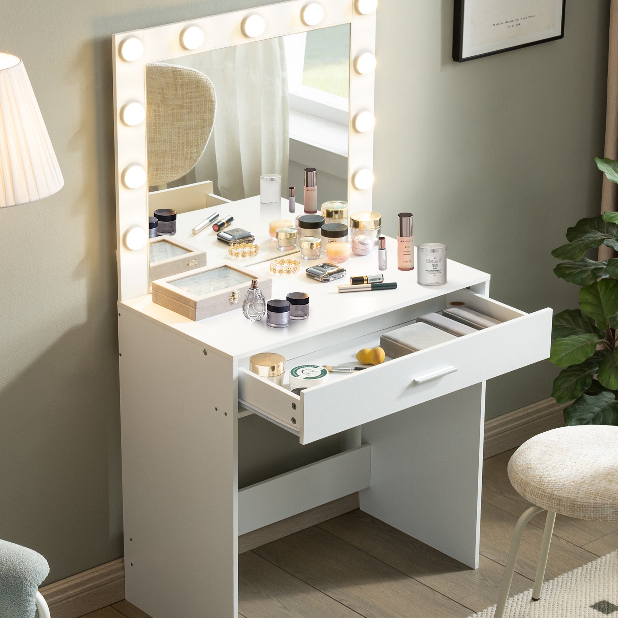 HAOYYE Vanity Desk with Mirror and Lights, Dressing Table with Large Drawer, 1 Level Storage Dresser & 3 Lighting Modes Adjustable Brightness, Suitable for Bedroom(White)