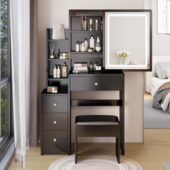 HAOYYE Small Space Left Bedside Cabinet Vanity Table + Cushioned Stool, Extra Large Touch Control Sliding LED Mirror, Tri-color Switching, Brightness Adjustable, Suitable for Girls No More Than 5.6ft Tall