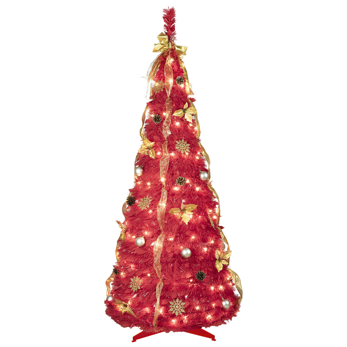 HAOYYE Artificial Red Pop Up Christmas Tree with 150 LED Lights, Ribbons, Large Bow, Christmas Flowers, Snowflakes, Pine Cones, and Balls, Fireproof PVC, Hinged Automatic Setup, Foldable Base for Easy Assembly and Storage, Perfect Indoor Holiday Decor