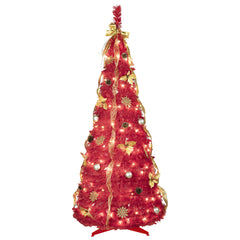 HAOYYE Artificial Red Pop Up Christmas Tree with 150 LED Lights, Ribbons, Large Bow, Christmas Flowers, Snowflakes, Pine Cones, and Balls, Fireproof PVC, Hinged Automatic Setup, Foldable Base for Easy Assembly and Storage, Perfect Indoor Holiday Decor