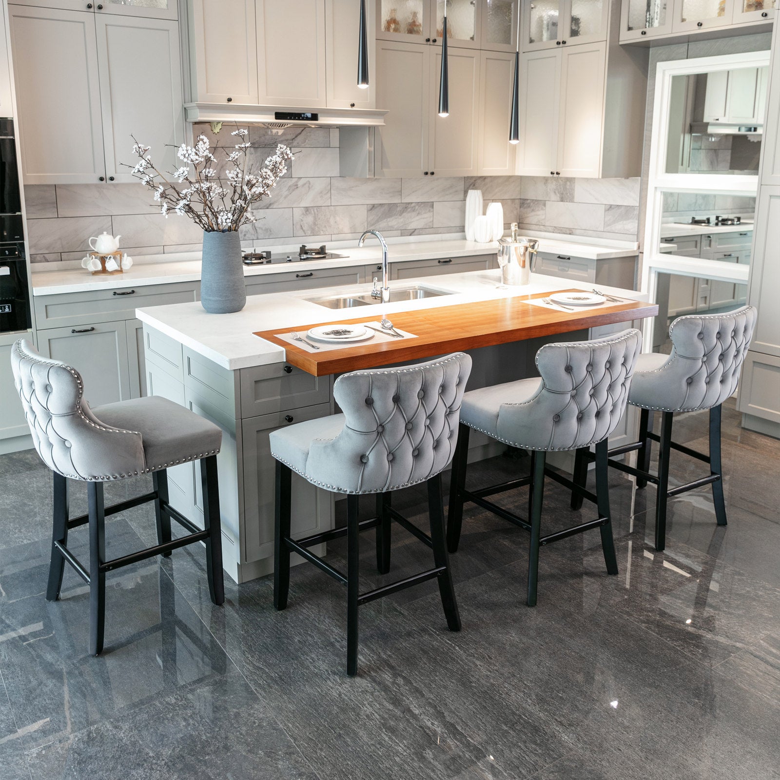 HAOYYE Contemporary Velvet Upholstered Wing-Back Barstools with Button Tufted Decoration and Wooden Legs, and Chrome Nailhead Trim, Leisure Style Bar Chairs,Bar stools, Set of 2 (Gray),SW1824GY