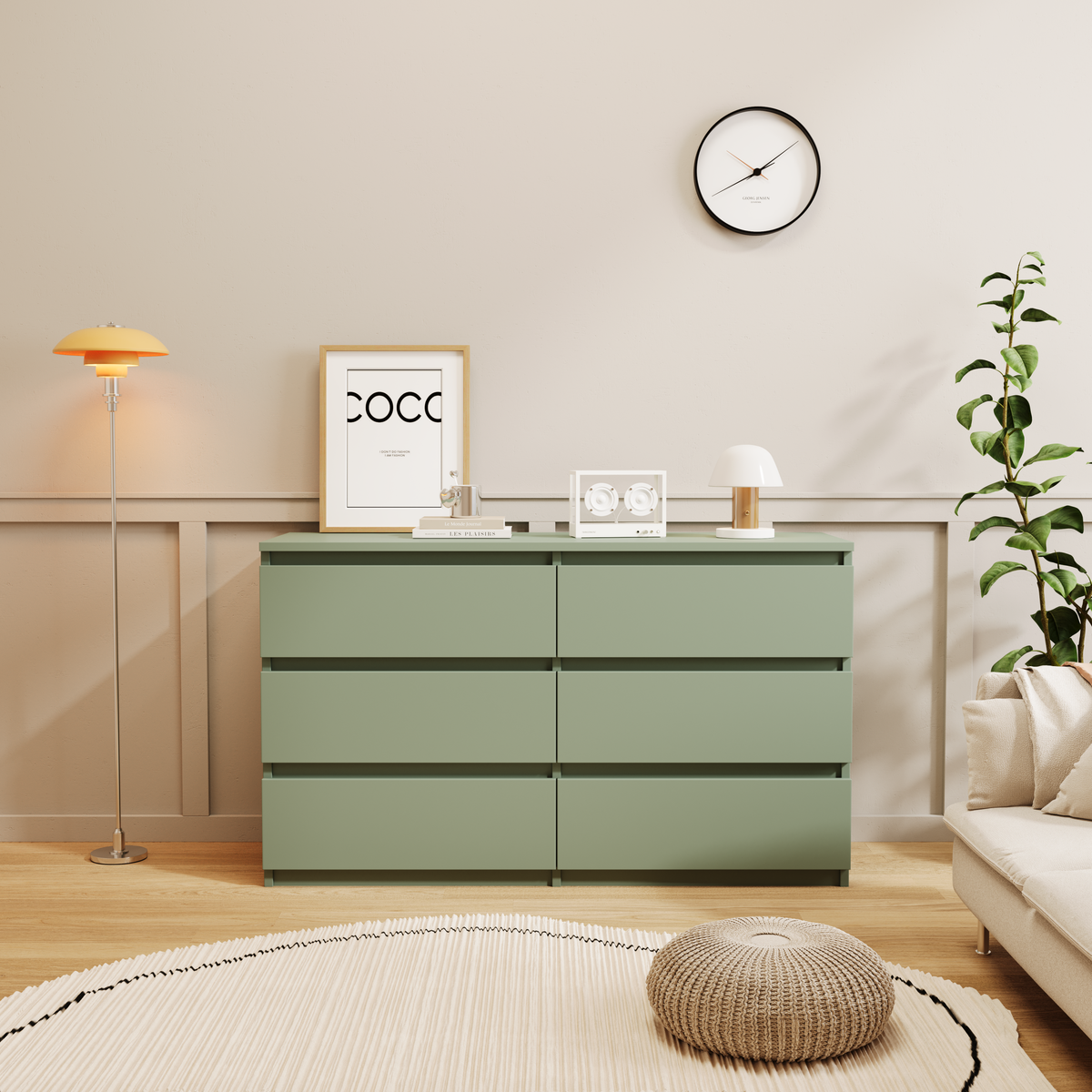 HAOYYE Green 6-Drawer Dresser Chest, Modern Design With Spacious Drawers, Sturdy Space-Saving Heavy Duty Furniture, Perfect For Bedrooms And Dorm Rooms, Easy Assembly