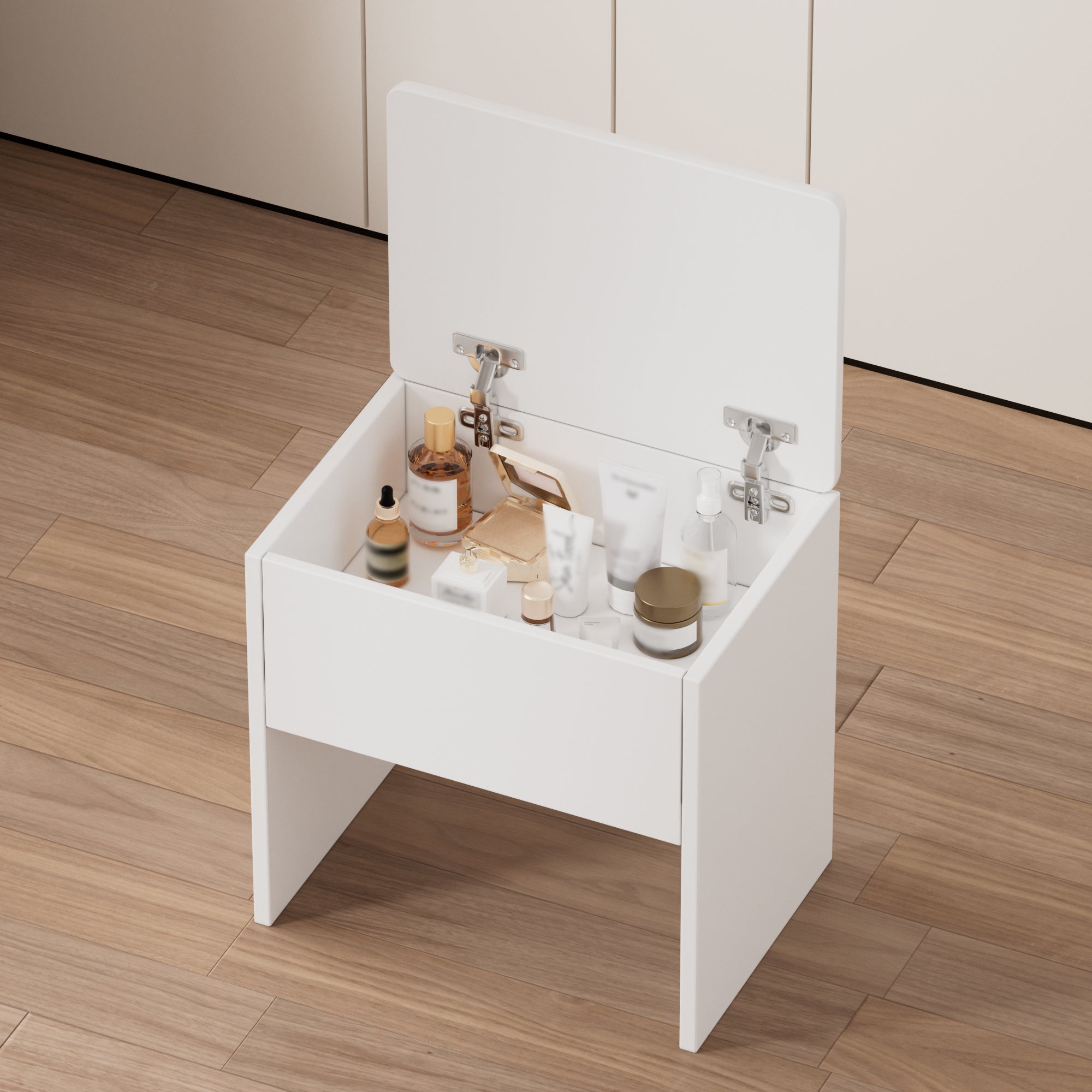 HAOYYE Small Space Vanity Table Set with 3 Adjustable Lighted Mirror and Storage Chair, Makeup Vanity Table for Small Space, White Dressing Table with Fold-up Panel for Bedroom