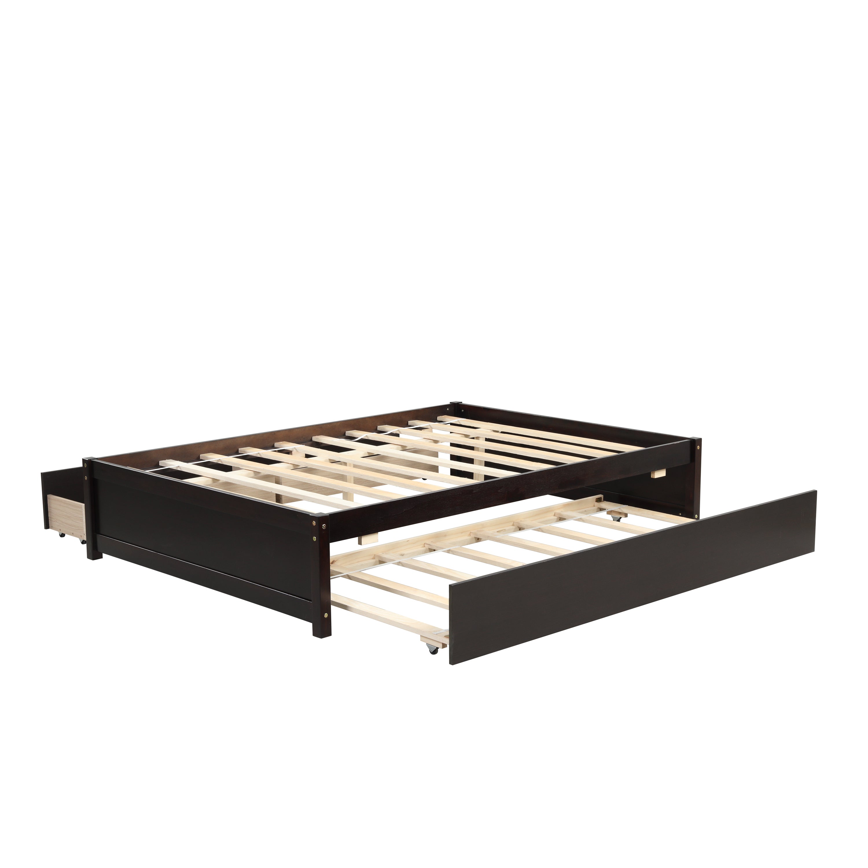 HAOYYE Full Bed With Trundle And Two Storage Drawers, Espresso Wood Platform Bed Frame, Space-Saving Heavy Duty Design, Modern Style For Bedroom Or Dorm Room, Easy Assembly