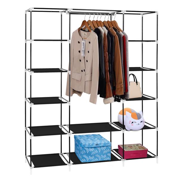 DE Direct HAOYYE Portable Clothes Closet Wardrobe Storage Organizer with Non-Woven Fabric Cover Strong Steel Frame and 12 Shelves Freestanding Garment Rack Dustproof and Waterproof Fabric Quick and Easy Assembly for Bedroom Entryway Black