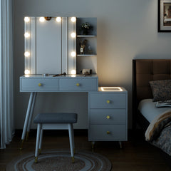 HAOYYE Vanity Table with LED Three-Tone Mirror, 5 Drawers, 2-Layer Shelf, Mirror Cabinet, Pitted Particle Board with Triamine Coating, Solid Wood Legs with Copper Sheath, Makeup Table for Bedroom, Dressing Room, or Bathroom