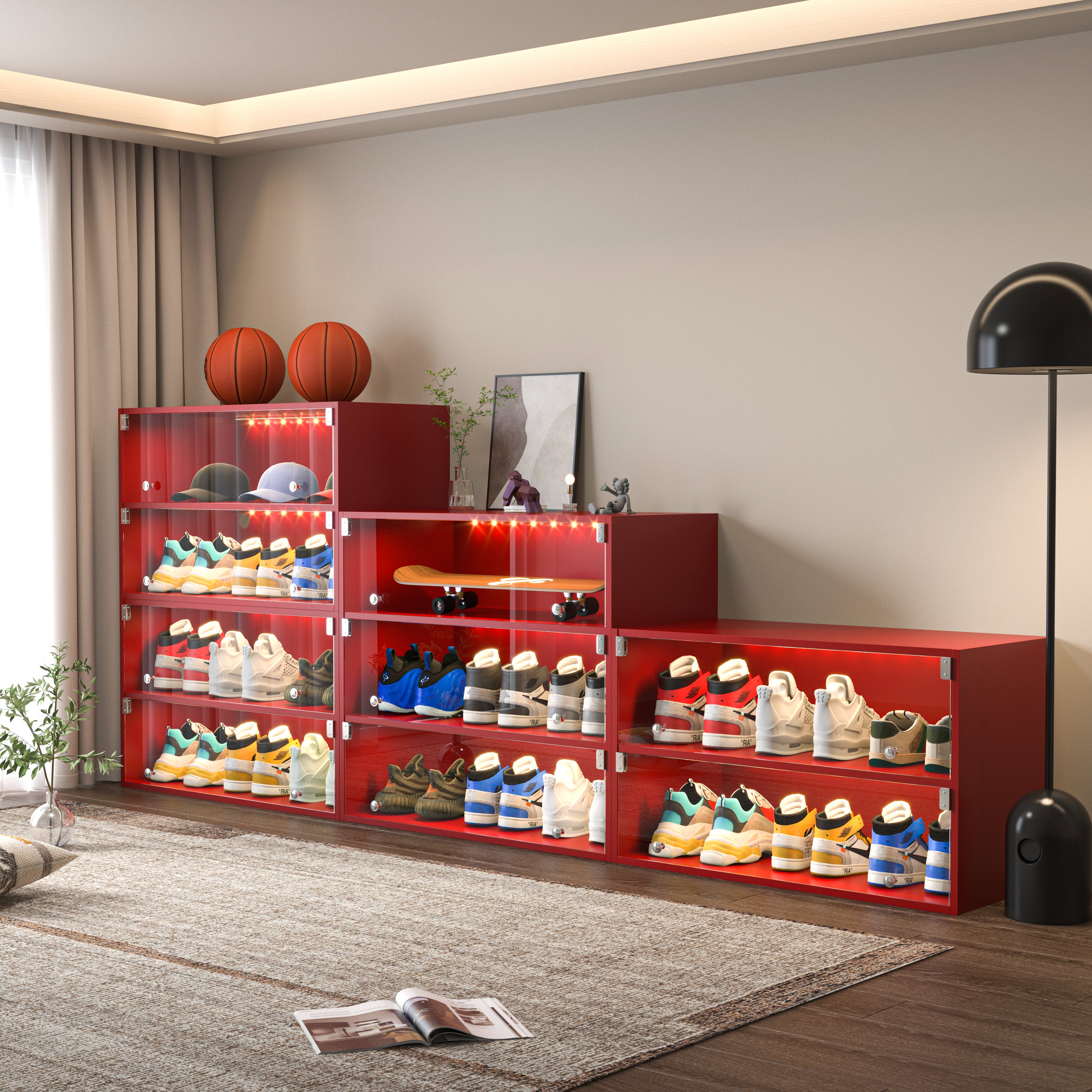 HAOYYE Red LED Light Shoe Box, 3 Layers with Glass Doors, Sturdy Space-Saving Heavy Duty Design for Sneaker Storage, Modern Design for Dorm Rooms, Bedrooms, and Closets, Easy Assembly