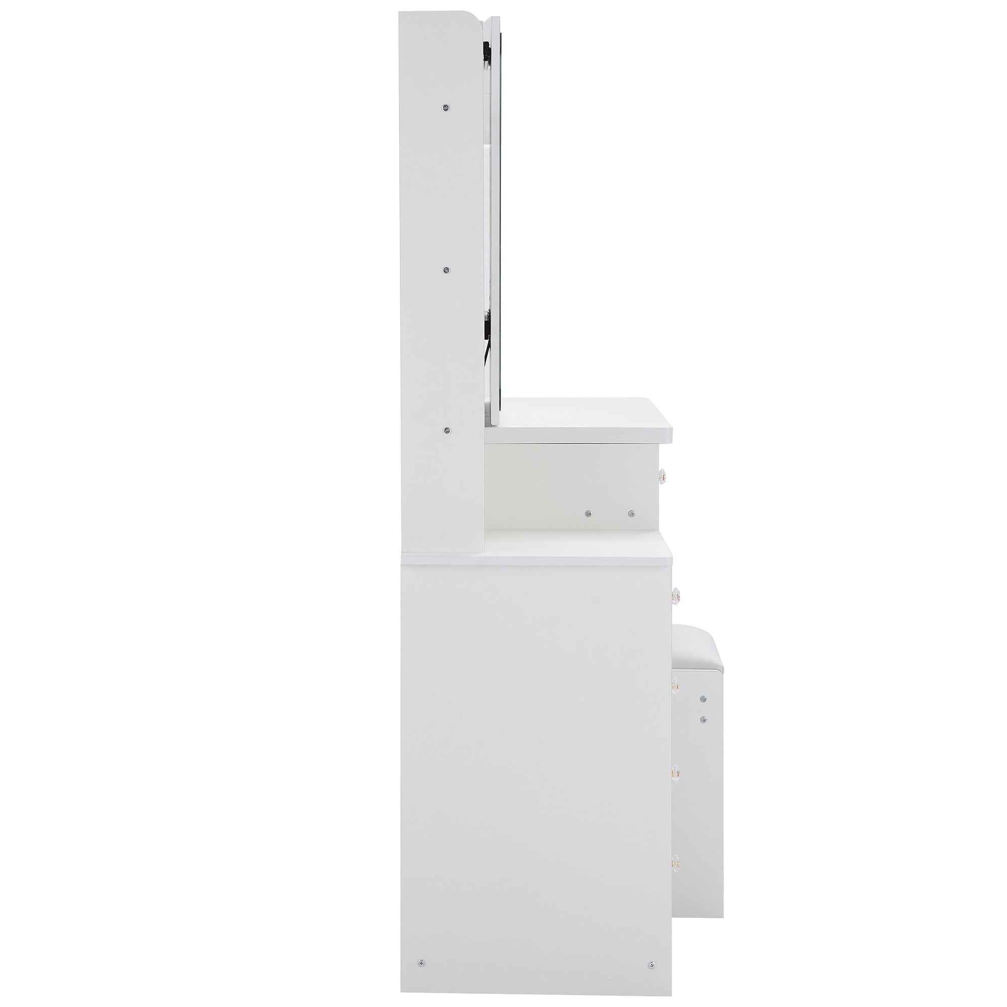 HAOYYE 37" Middle Size Left Bedside Cabinet Vanity Table + Cushioned Stool Dresser Set, 2 AC+2 USB Socket, Hair Dryer Stand, Large Touch Control LED Sliding Mirror, 3-color Switch, EPA, GCC, UL Certificate
