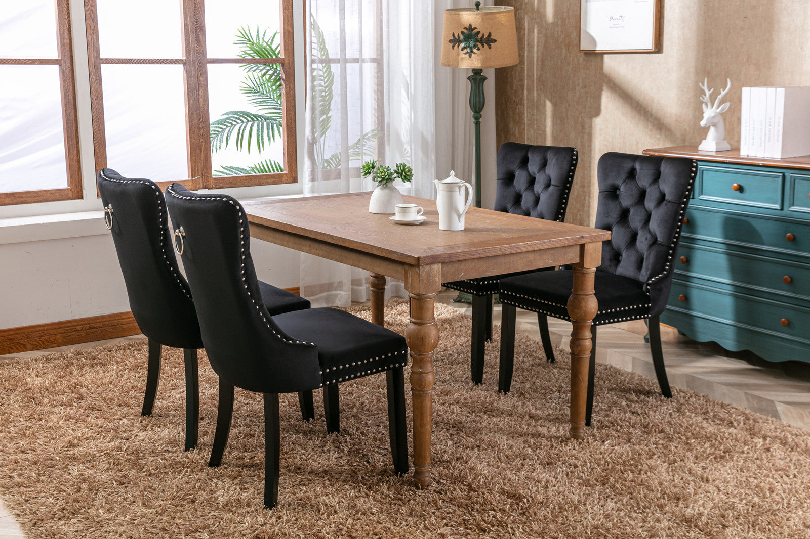 HAOYYE High-end Tufted Solid Wood Contemporary Velvet Upholstered Dining Chair with Wood Legs Nailhead Trim 2-Pcs Set, Black, SW2001BK Sturdy Space-Saving Heavy Duty Modern Design