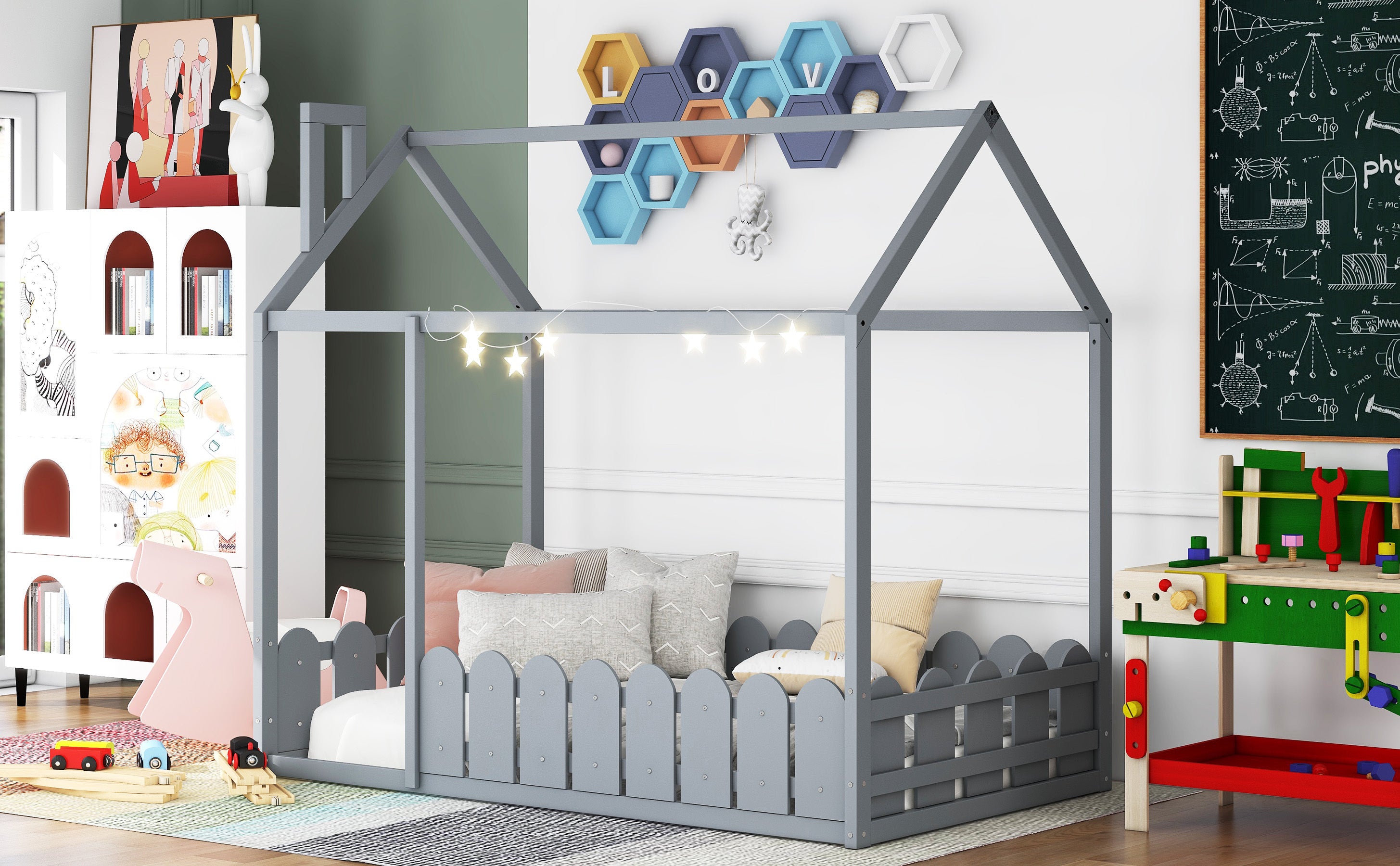 HAOYYE Twin Size Wood Bed House Bed Frame with Fence,for ,Teens, Girls,Boys {Gray}{OLD SKU:WF194274AAE} Sturdy Space-Saving Heavy Duty Modern Design Adults Dorm Room Easy Assembly