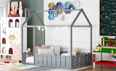 HAOYYE Twin Size Wood Bed House Bed Frame with Fence,for ,Teens, Girls,Boys {Gray}{OLD SKU:WF194274AAE} Sturdy Space-Saving Heavy Duty Modern Design Adults Dorm Room Easy Assembly