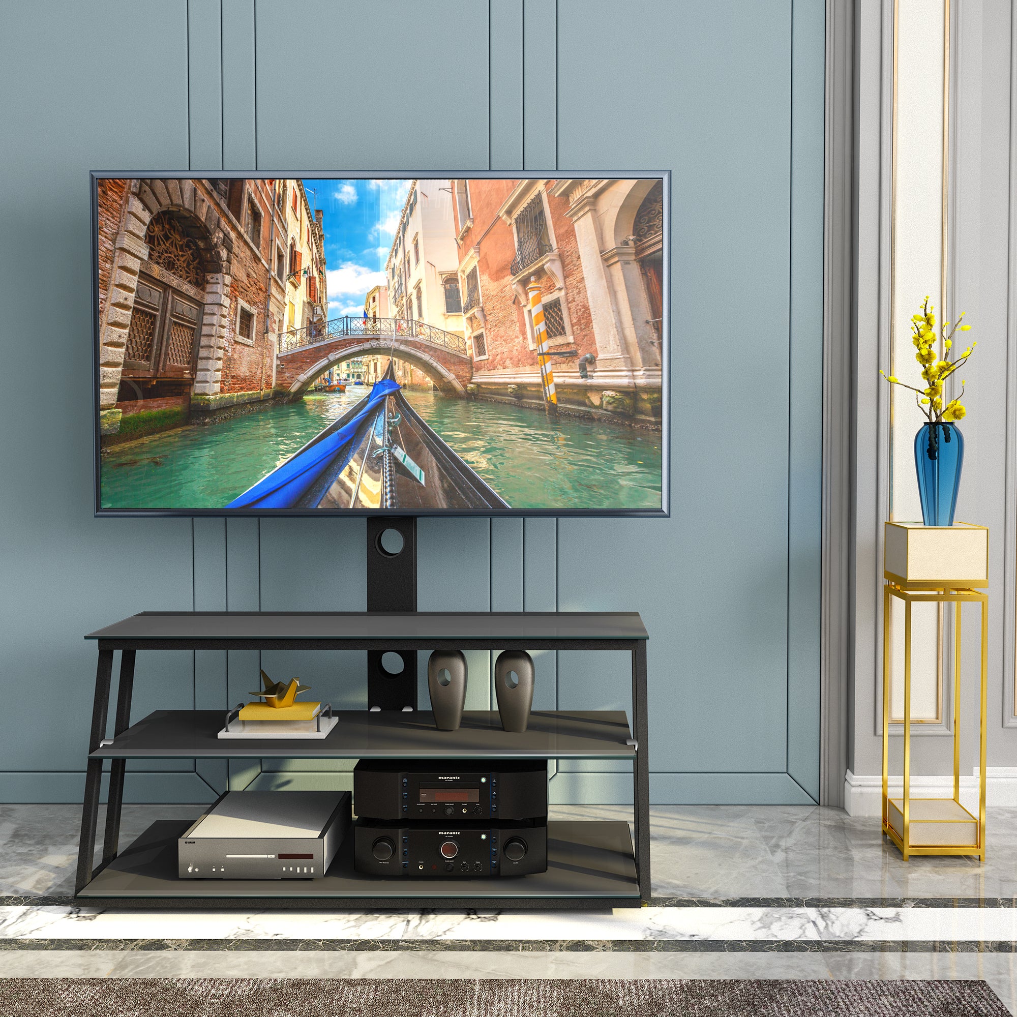 HAOYYE Black Multi-Function Angle And Height Adjustable Tempered Glass TV Stand Sturdy Space-Saving Heavy Duty Modern Design Easy Assembly Durable Stylish Home Furniture Versatile