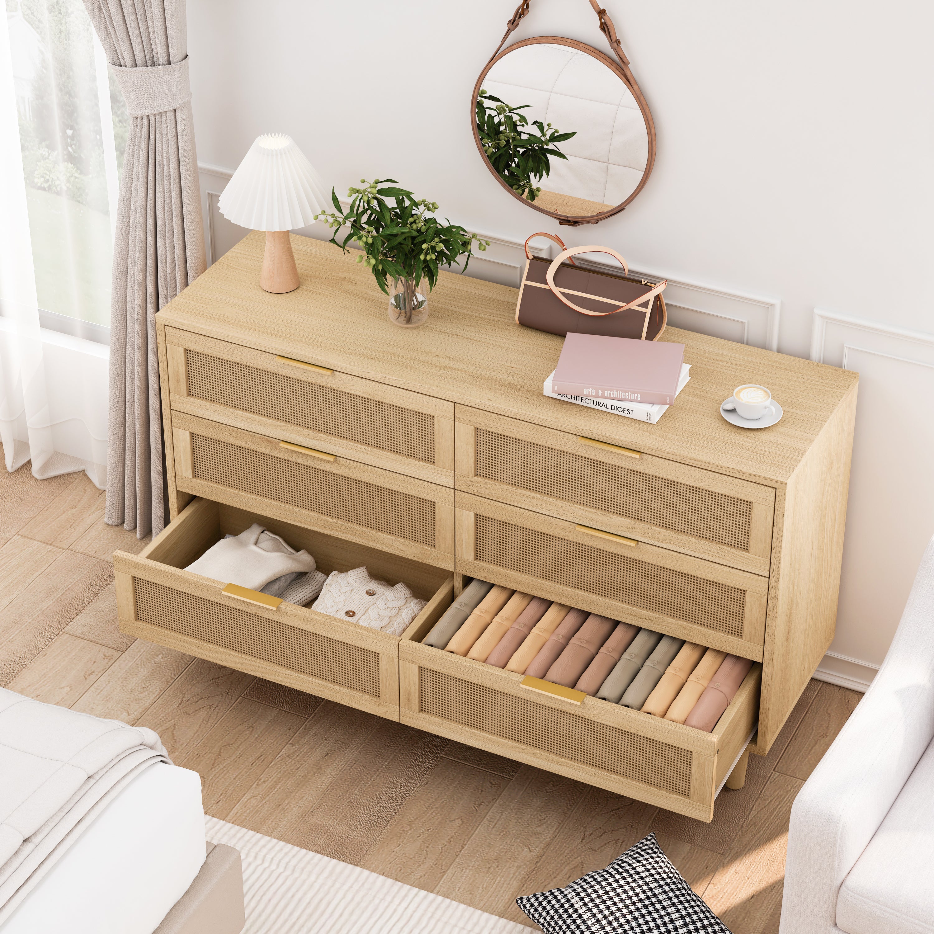 HAOYYE 6-Drawer Rattan Storage Cabinet with White Drawer Slides for Bedroom, Living Room, or Any Room, Natural Sturdy Space-Saving Design, Heavy Duty Construction, Easy Assembly, Durable and Stylish Home Furniture