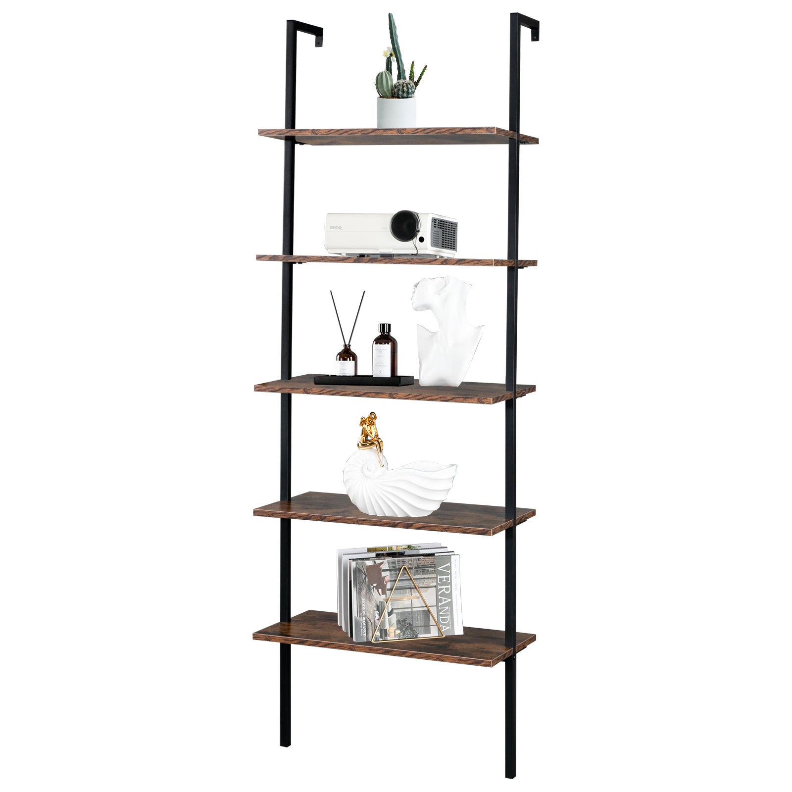 HAOYYE 5-Tier Industrial Wall Mounted Ladder Bookcase – Rustic Brown Wood Finish With Black Metal Frame, Open Display Shelf For Books, Home Décor, Plants, Living Room Storage, Office Display, Durable & Space-Saving Industrial Design