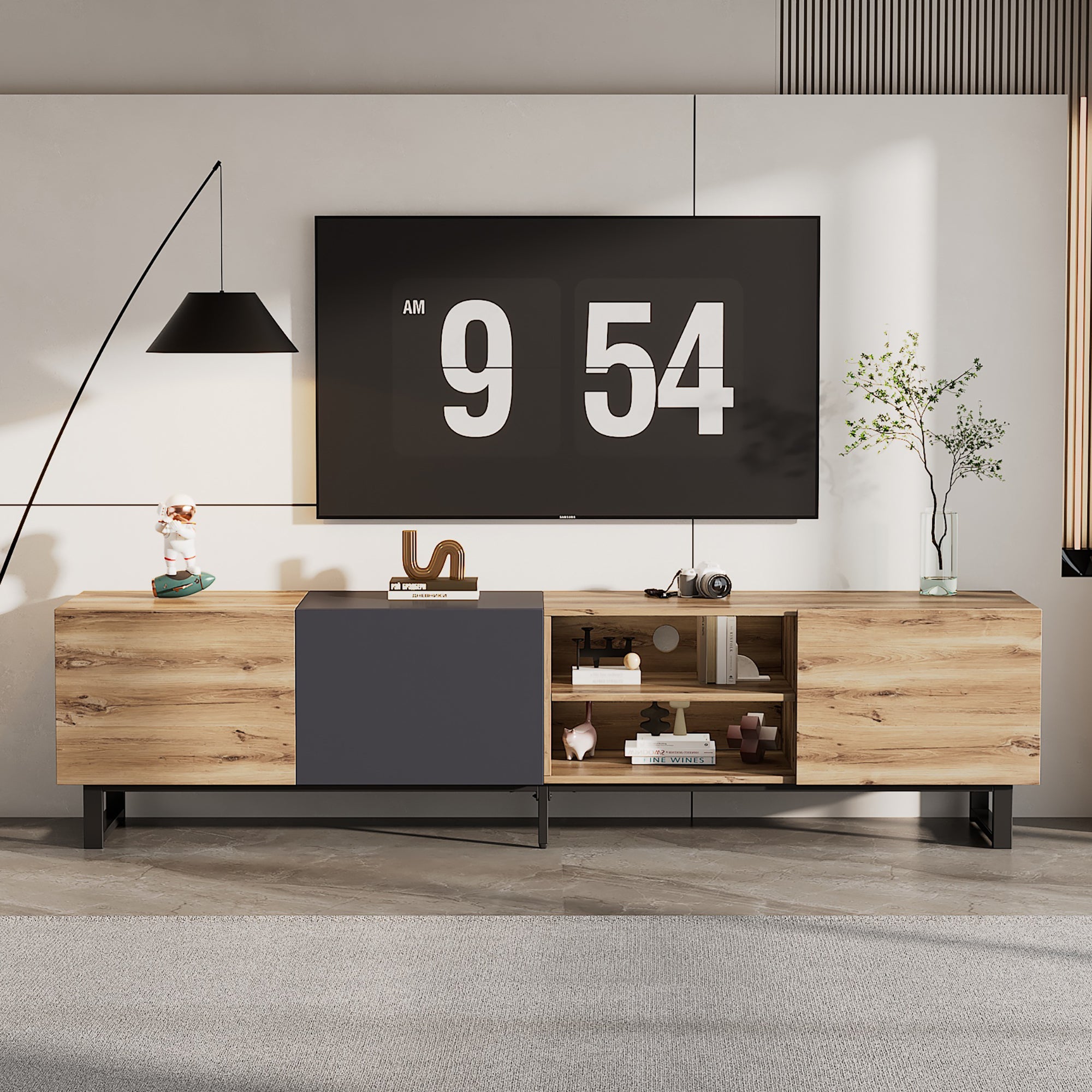 HAOYYE Modern TV Stand with 3 Cabinets and Open Shelves, Color-Matched Media Console Table for TVs up to 80 Inches, Entertainment Center with Drop Down Door for Living Room, Bedroom, and Home Theatre, Sturdy, Space-Saving Heavy Duty Design