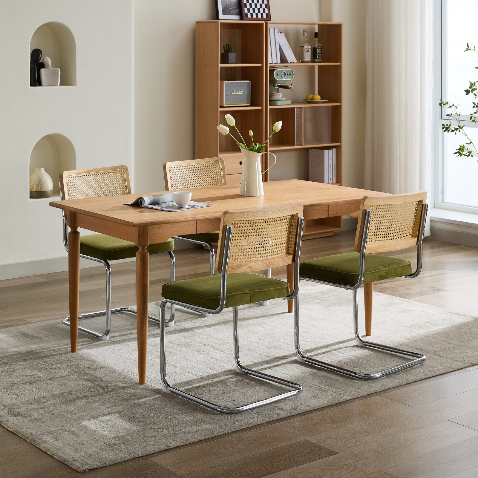 HAOYYE Mid Century Modern Dining Chairs Set of 2, Velvet Accent Chairs with Natural Cane Back & Stainless Chrome Base, Famous Breuer Designed Chairs, Upholstered Rattan Kitchen Chairs,Olive-Green Sturdy