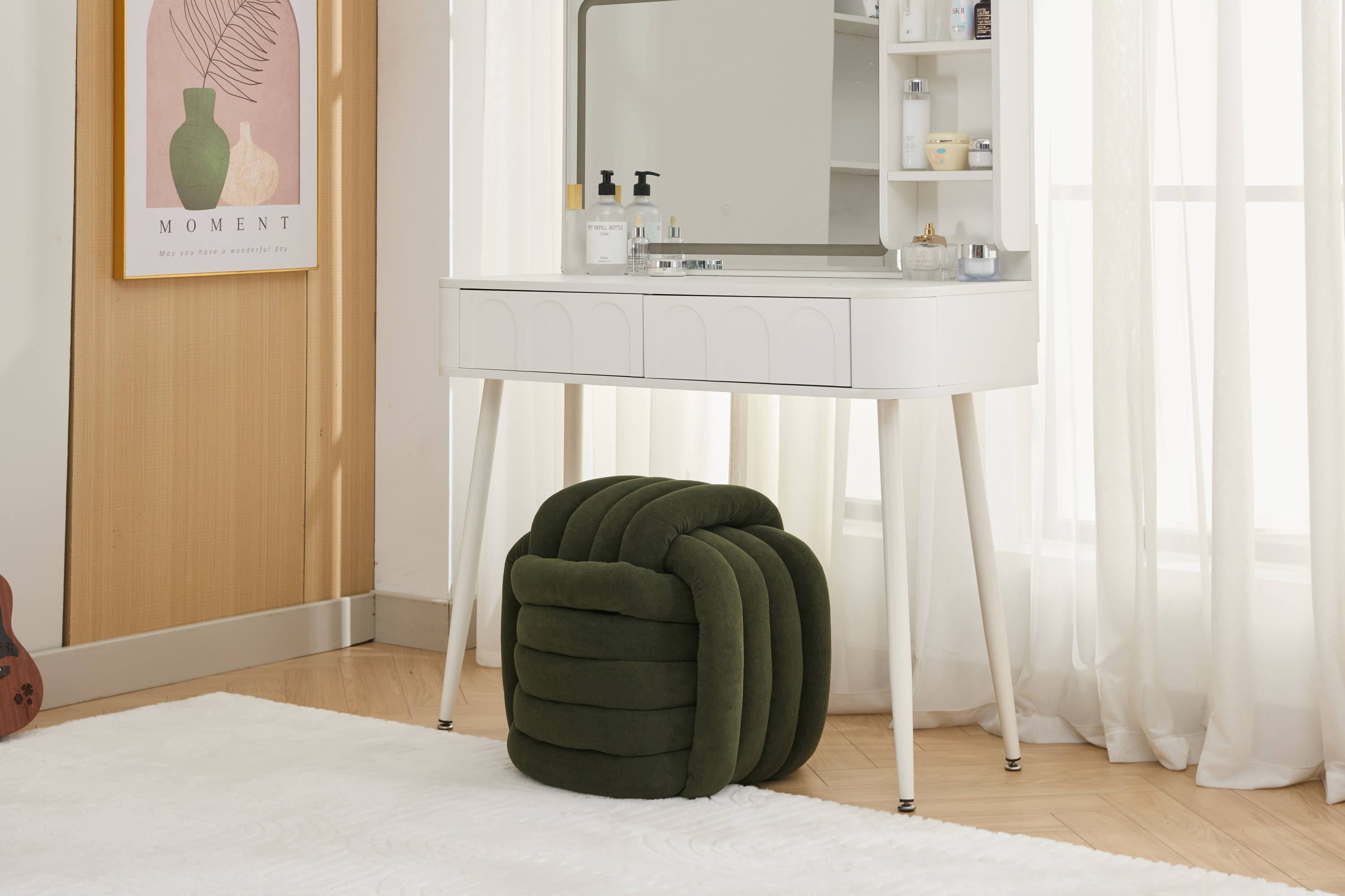Haoyye Modern Chenille Fabric Knot Design Ottoman Makeup Stool Footstool, Comfortable and Stylish Seat, Perfect for Living Room and Bedroom, Space-Saving Heavy Duty Construction, Durable Furniture for Adults Dorm Room