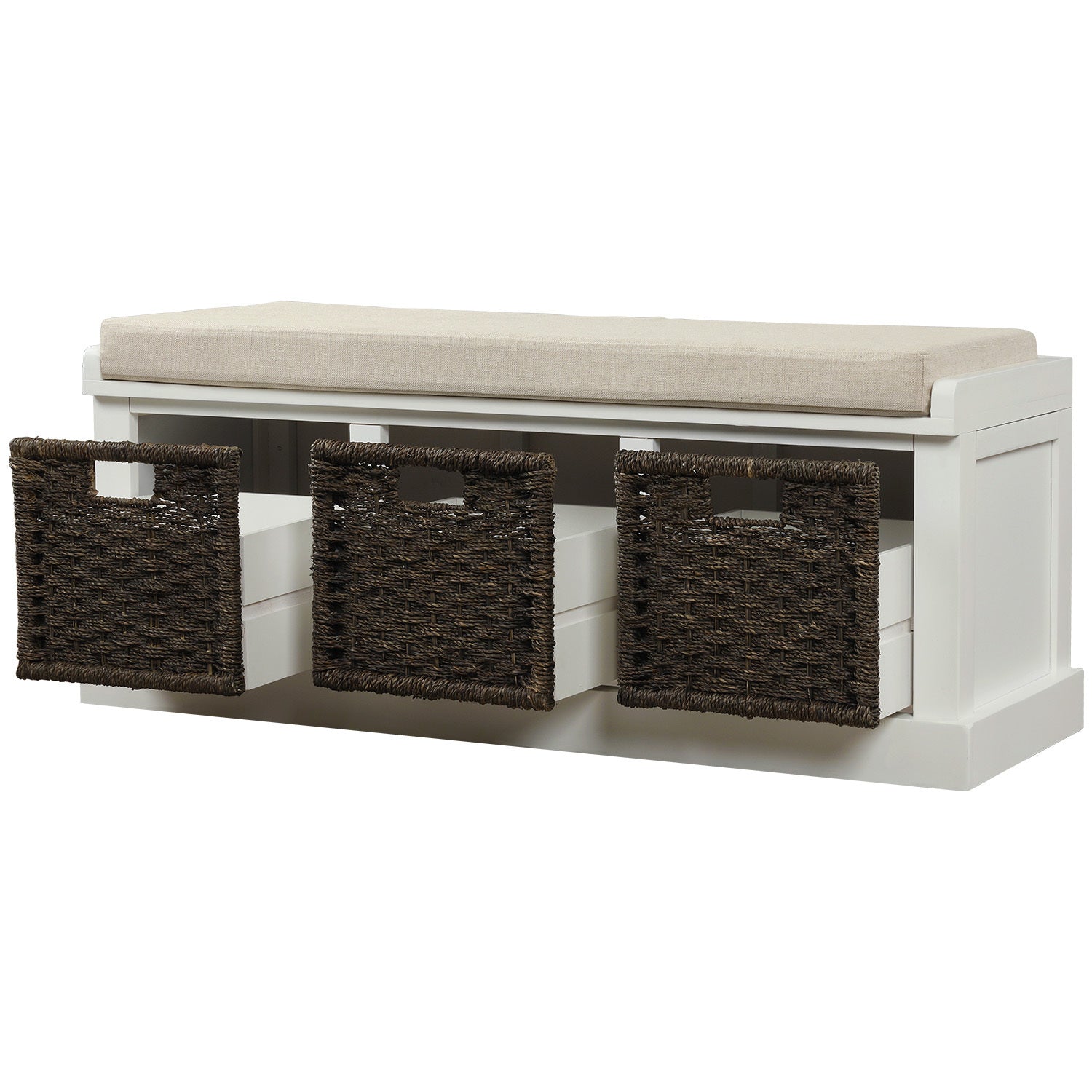 HAOYYE Rustic Storage Bench with 3 Removable Classic Rattan Basket , Entryway Bench Storage Bench with Removable Cushion (White) Sturdy Space-Saving Heavy Duty Modern Design Easy Assembly Durable