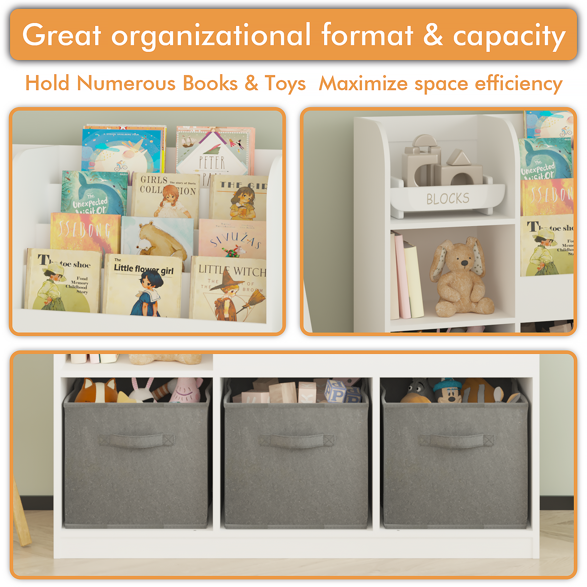HAOYYE Bookcase and Bookshelf, Multifunctional Display Stand With 3 Collapsible Fabric Drawers, Toy Storage Organizer for Bedroom, Playroom, or Hallway, White/Gray, Sturdy Space-Saving Design