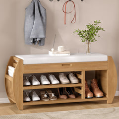 HAOYYE Retro Multifunctional Storage Bench with Cushion and Curved Side Panel for Entrance and Living Room (Natural) Sturdy Space-Saving Heavy Duty Modern Design Easy Assembly Durable Stylish Versatile