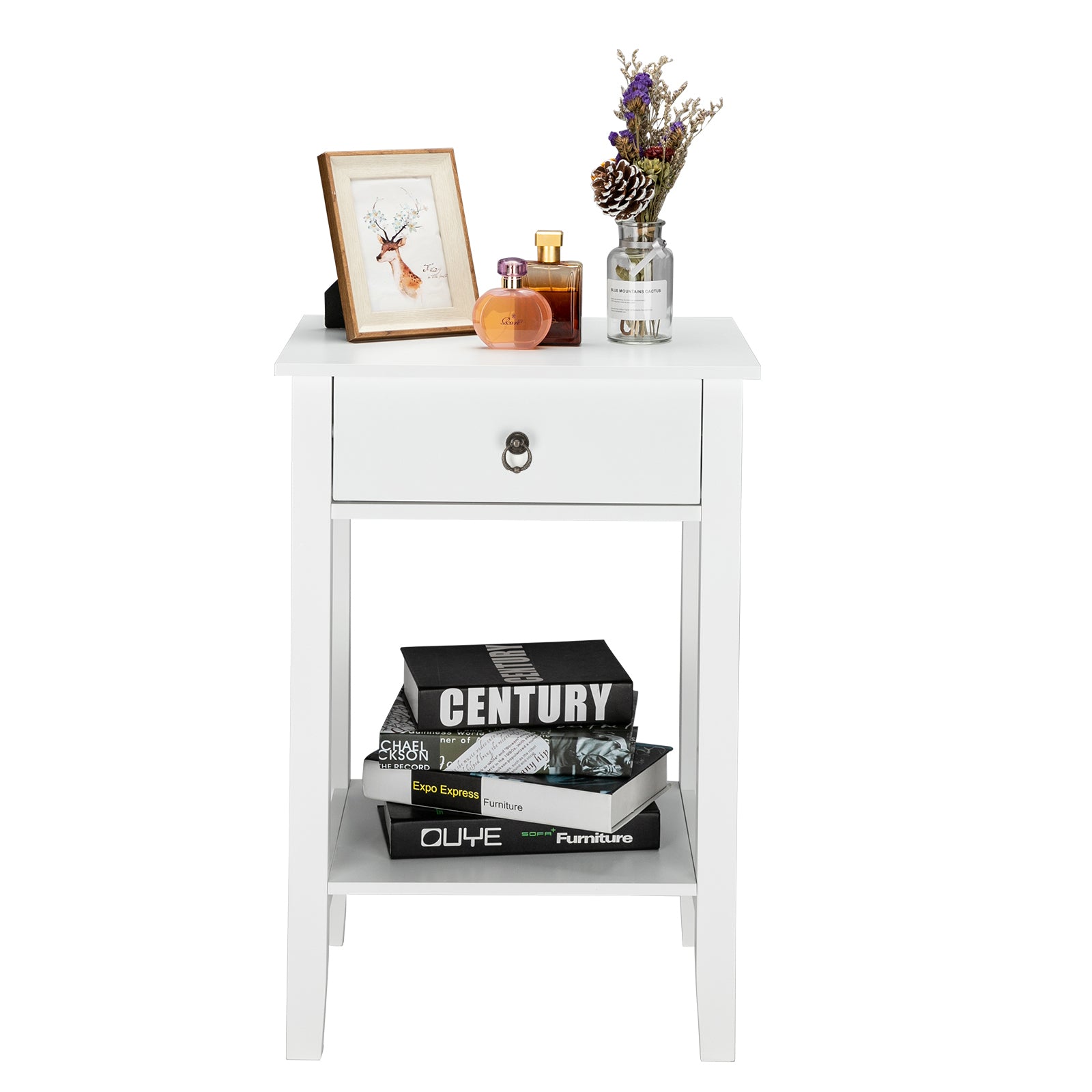 HAOYYE White Two-Layer Bedside Cabinet With Drawer, Sturdy And Durable Design, Modern Coffee Table, Multifunctional Home Organizer, Space-Saving Storage Solution, Stylish Practical Nightstand For Bedroom, Living Room, Or Office Use
