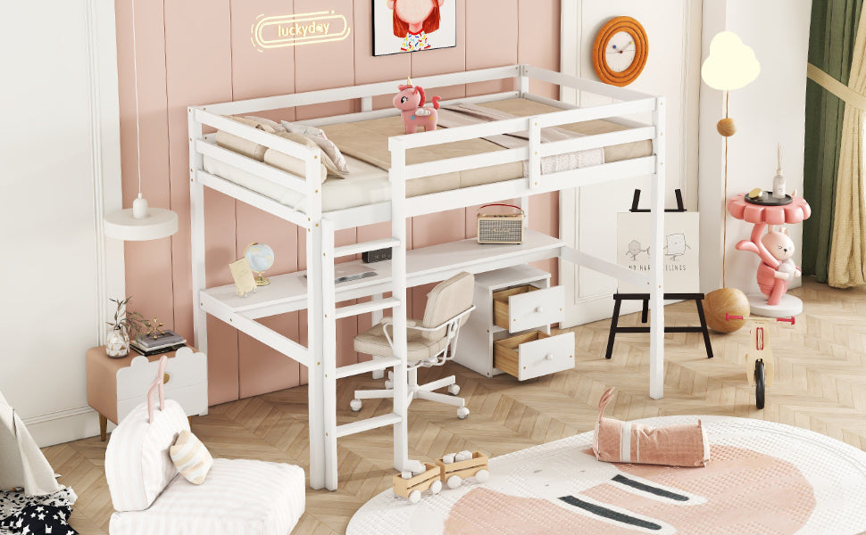 HAOYYE Twin Loft Wood Bed with Under-Bed Built-In Desk and Two-Drawer Storage Cabinet, Guardrails, and Ladder, White Sturdy Space-Saving Design, Heavy Duty Construction, Easy Assembly, Durable Stylish Home Furniture