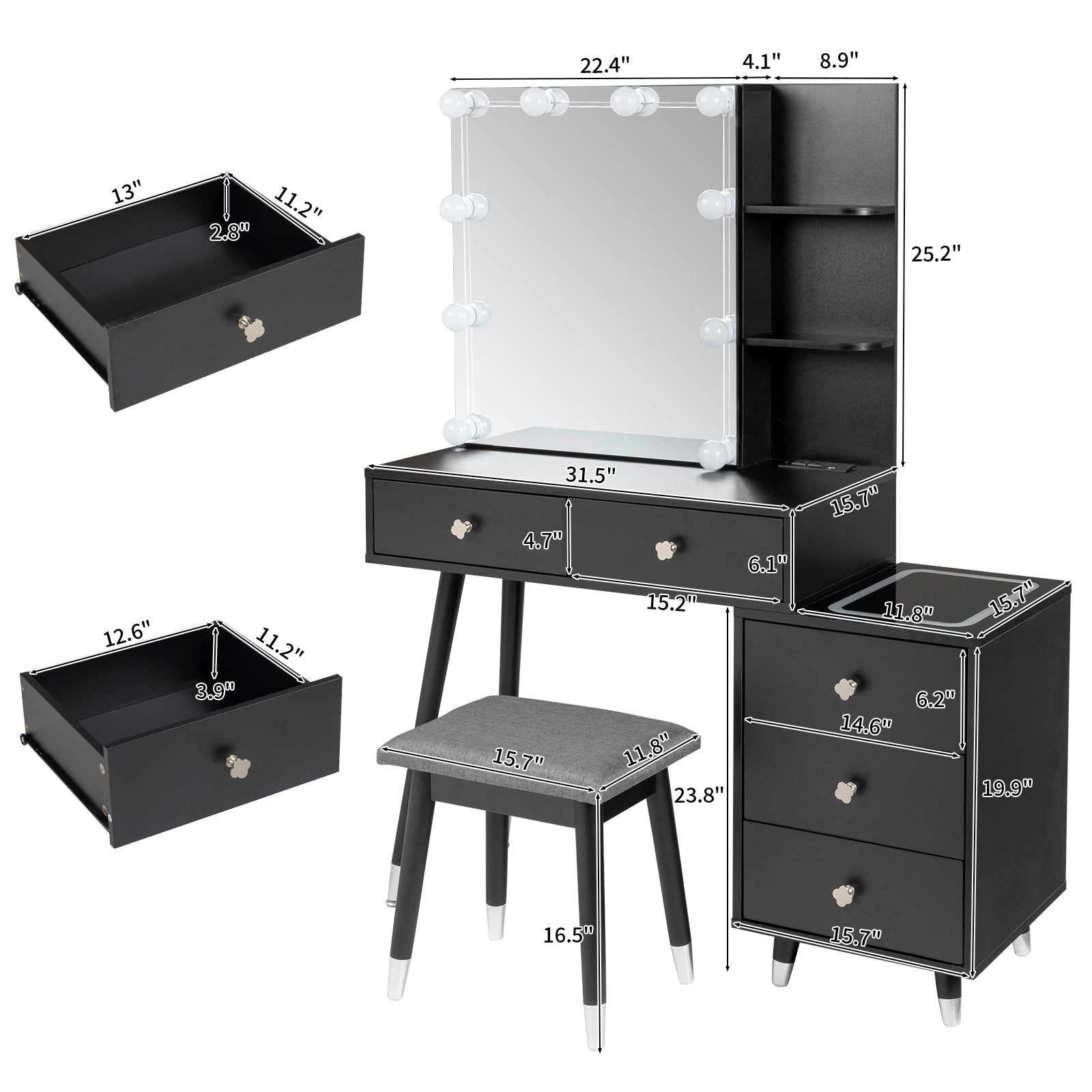 HAOYYE Vanity Table with LED Three-Tone Mirror, 5 Drawers, 2-Layer Shelf, Mirror Cabinet, Pitted Particle Board with Triamine Coating, Solid Wood Legs with Copper Sheath, Makeup Table for Bedroom, Dressing Room, or Bathroom