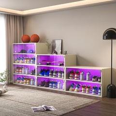 HAOYYE Off-White LED Light Shoe Box, 3 Layers with Glass Doors, Sturdy Space-Saving Design, Heavy Duty Modern Storage Solution for Sneakers, Easy Assembly for Bedroom, Dorm Room, or Closet
