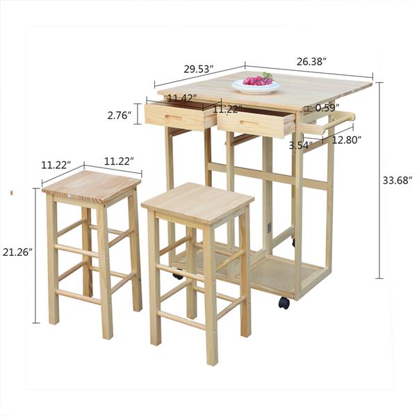 HAOYYE Square Solid Wood Folding Dining Cart with 2 Free Stools Expandable Drop Leaf Table with Drawers and Wheels for Small Spaces