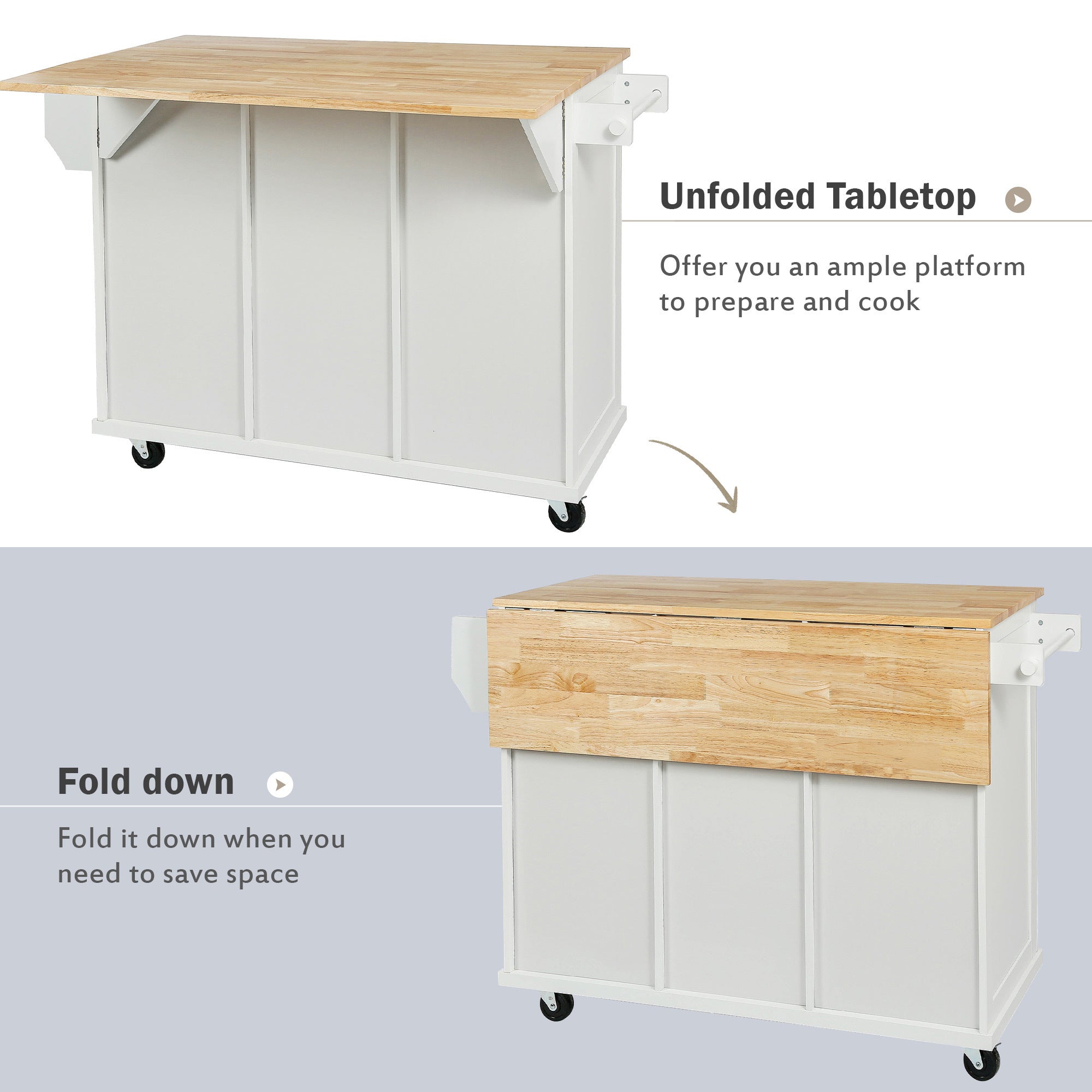 HAOYYE Kitchen Cart with Rubber wood Drop-Leaf Countertop ,Cabinet door internal storage racks,Kitchen Island on 5 Wheels with Storage Cabinet and 3 Drawers for Dinning Room,White Sturdy Space-Saving Durable