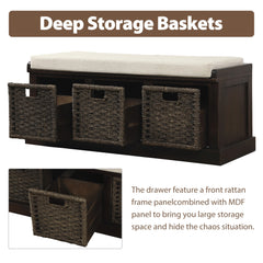 HAOYYE Rustic Storage Bench with 3 Removable Classic Rattan Basket , Entryway Bench with Removable Cushion (Espresso) Sturdy Space-Saving Heavy Duty Modern Design Easy Assembly Durable Stylish