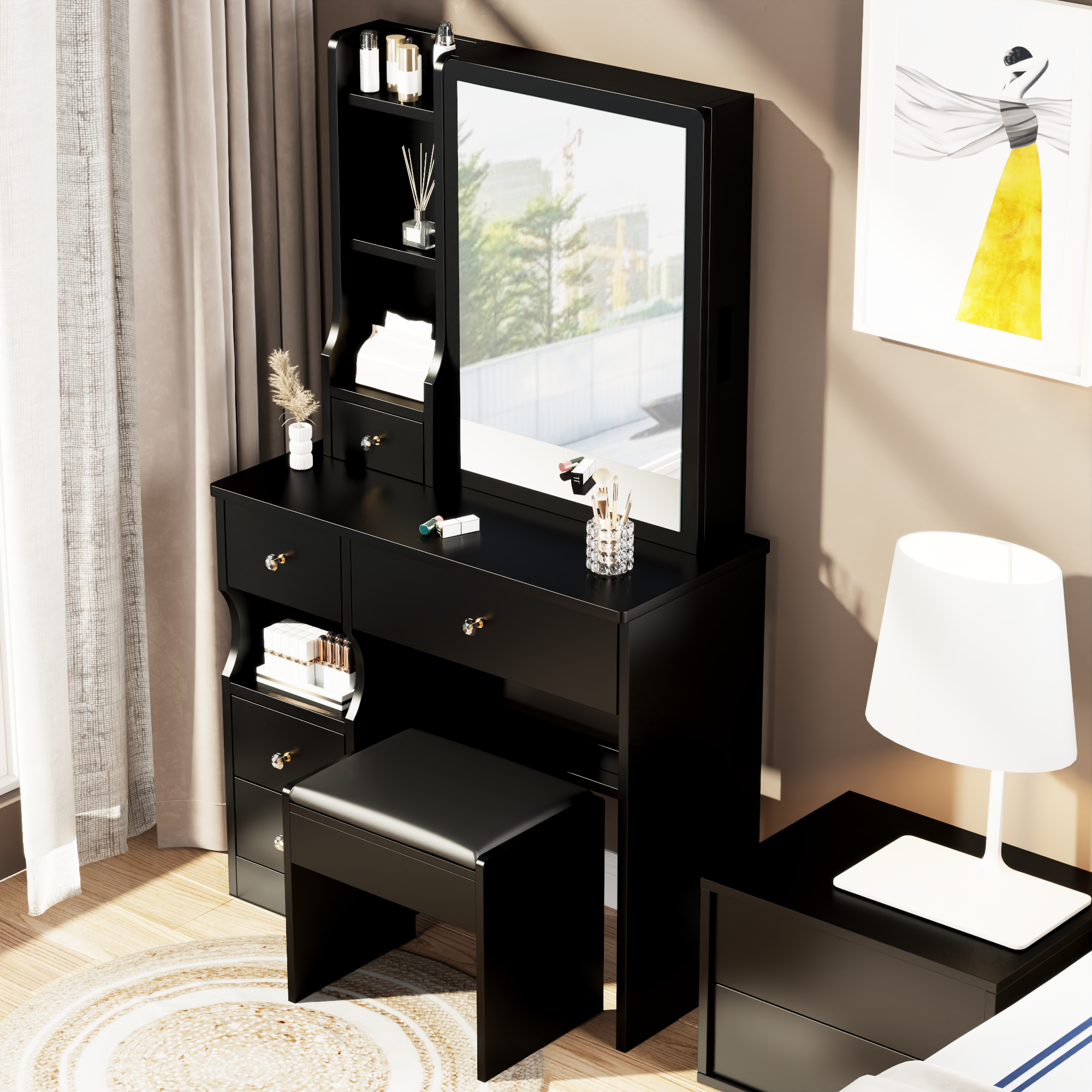 HAOYYE Left Drawer Desktop Vanity Table With Cushioned Stool, Modern Multi-Layer Storage Makeup Desk With Sliding Mirror, Stylish Functional Dresser For Compact Spaces, Ideal For Users Up To 5.6ft Tall