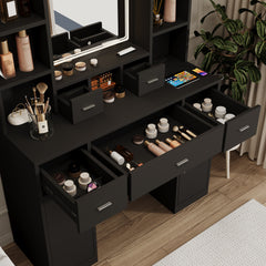 HAOYYE Smart Mirror Dressing Table With Drawers And Storage Cabinet, Modern Vanity Desk With Cushioned Stool, Stylish And Sturdy Space-Saving Design For Bedroom Or Dressing Room, Heavy Duty Construction
