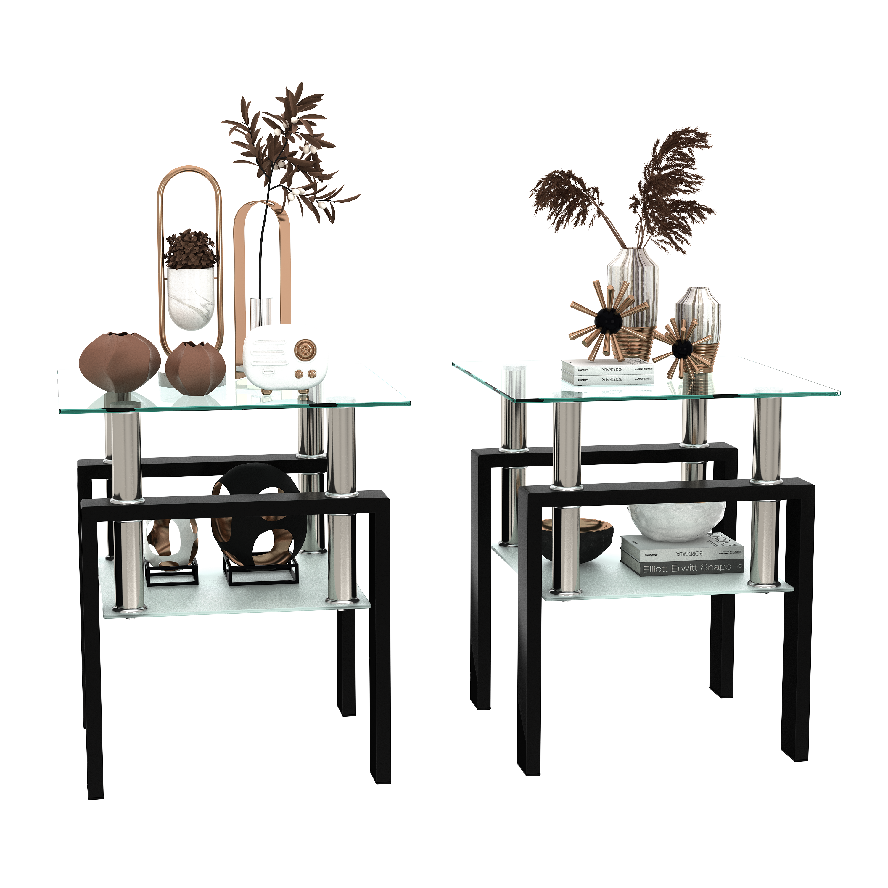HAOYYE Set of 2, Modern Tempered Glass Tea Table Coffee Table End Table, Square Table for Living Room, Transparent/Black Sturdy Space-Saving Heavy Duty Modern Design Adults Dorm Room Easy Assembly
