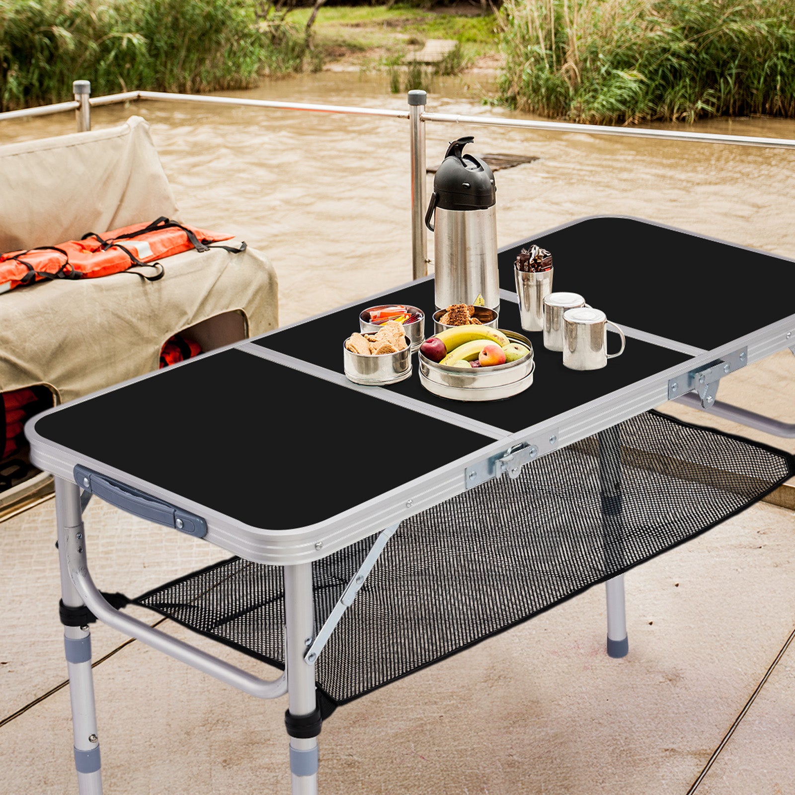 HAOYYE Black with 3 Adjustable Heights Outdoor Folding Camping Table, Portable Aluminum Foldable Patio Side Table, Lightweight and Durable Design with Carry Handle for Hiking, Picnic, BBQ, Beach, Indoor or Outdoor Use