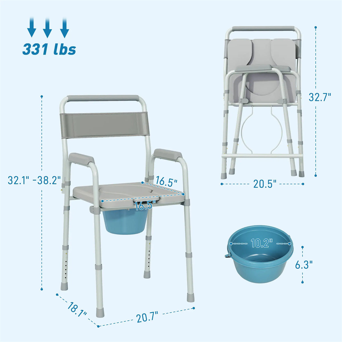 HAOYYE Grey Multi-Functional Portable Toilet Chair With Adjustable Height, Lightweight Foldable Commode Chair for Bathroom, Shower, and Elderly Assistance, Durable Steel Frame and Comfortable Padded Seat for Easy Mobility and Hygiene