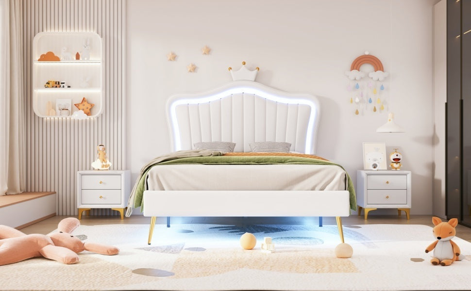 HAOYYE Twin Size Upholstered Bed Frame with LED Lights, Modern Upholstered Princess Bed With Crown Headboard,White Sturdy Space-Saving Heavy Duty Modern Design Adults Dorm Room Easy Assembly