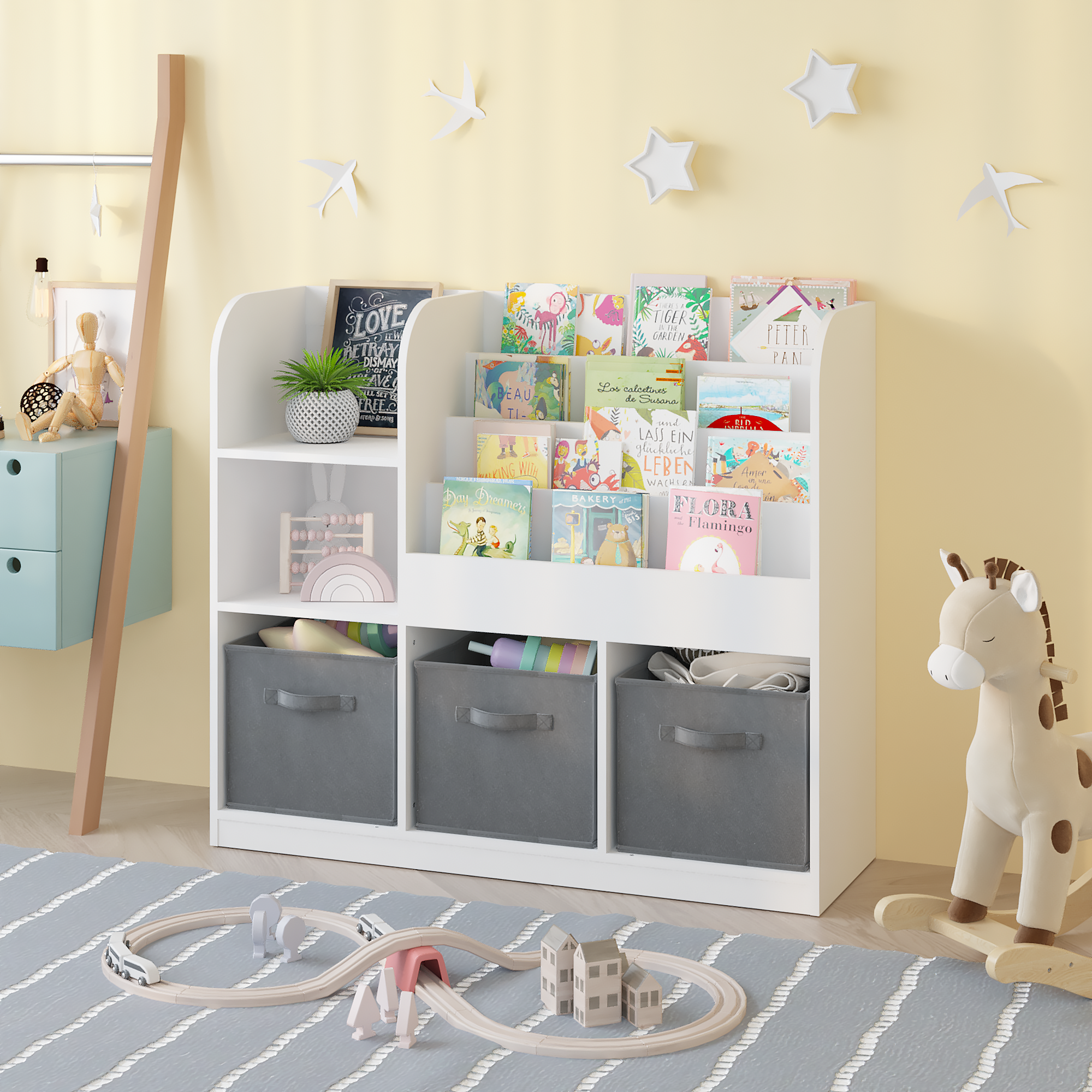 HAOYYE Bookcase and Bookshelf, Multifunctional Display Stand With 3 Collapsible Fabric Drawers, Toy Storage Organizer for Bedroom, Playroom, or Hallway, White/Gray, Sturdy Space-Saving Design