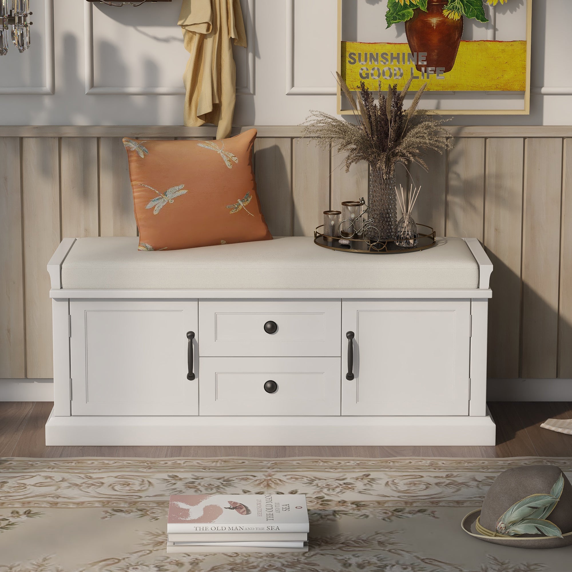 HAOYYE Storage Bench with 2 Drawers and Cabinets, Shoe Bench with Removable Cushion for Living Room, Entryway, Sturdy Space-Saving Heavy Duty Modern Design, White, Easy Assembly for Adults and Dorm Rooms