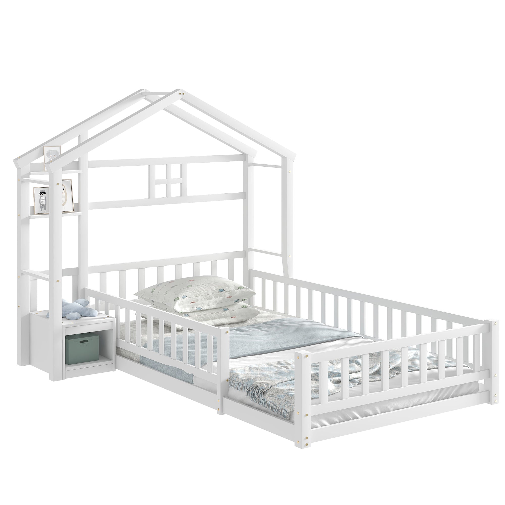 HAOYYE Twin Size House Shape Headboard Floor Bed with Guardrails, Slats Support, Nightstand ,White Sturdy Space-Saving Heavy Duty Modern Design Adults Dorm Room Easy Assembly Bedroom Furniture