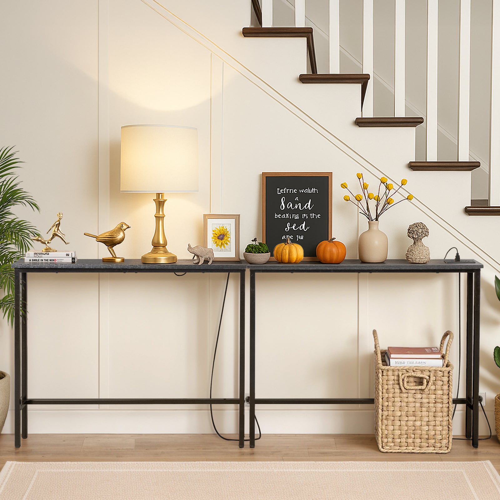 HAOYYE Black Narrow Console Sofa Table 2 Pack With Built-In Power Outlets And USB Charging Ports, Space-Saving Long Couch Table With Metal Frame And Anti-Tip Design, Perfect For Apartments Dorms Living Rooms