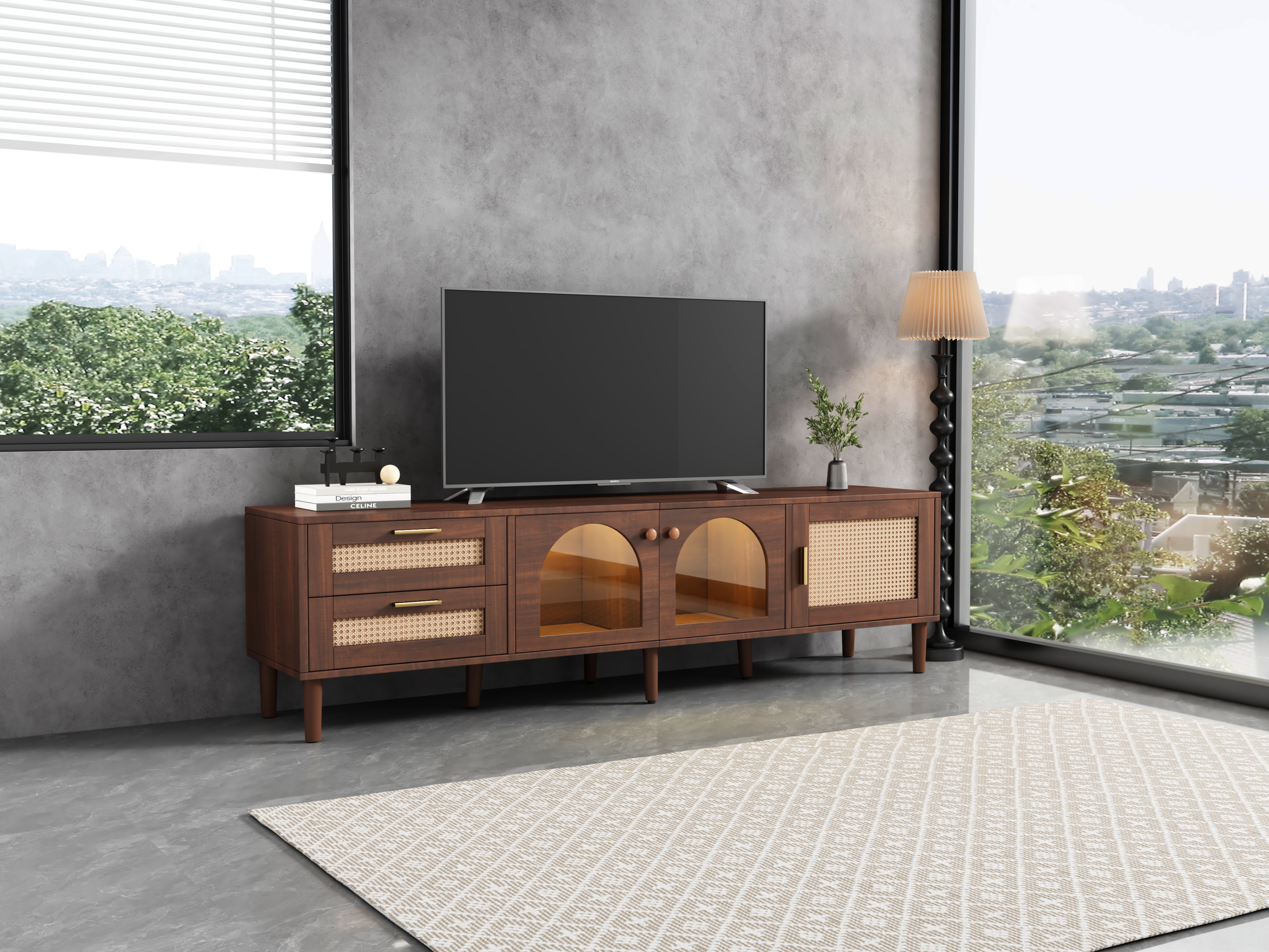 HAOYYE Rattan TV Stand with 3 Cabinets & 2 Drawers, Rattan-Inspired Media Console Table for TVs up to 80", LED Light Entertainment Center, TV Cabinet for Living Room, Bedroom, Home Theater, Sturdy Heavy Duty Construction